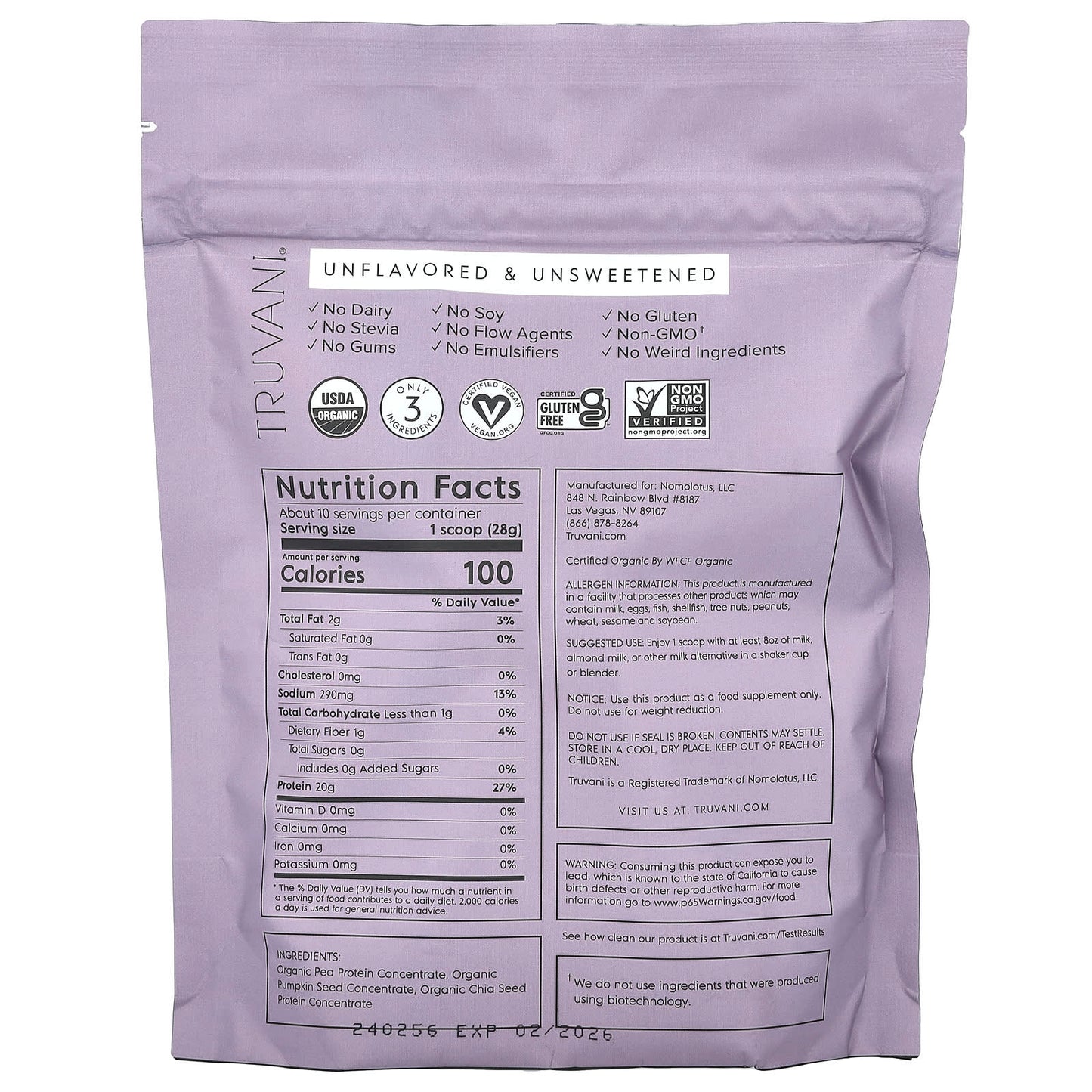 Truvani, Plant Based Protein, Unflavored, Unsweetened, 9.88 oz (280 g) - Image 2