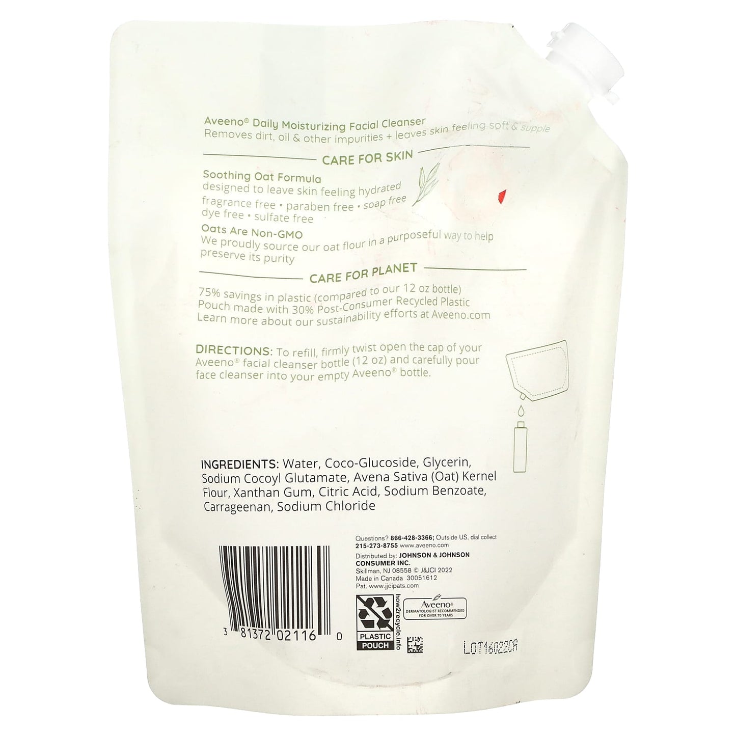 Aveeno Daily Moisturizing Facial Cleanser Refill, Fragrance Free, Dry Skin Relief - Image 2