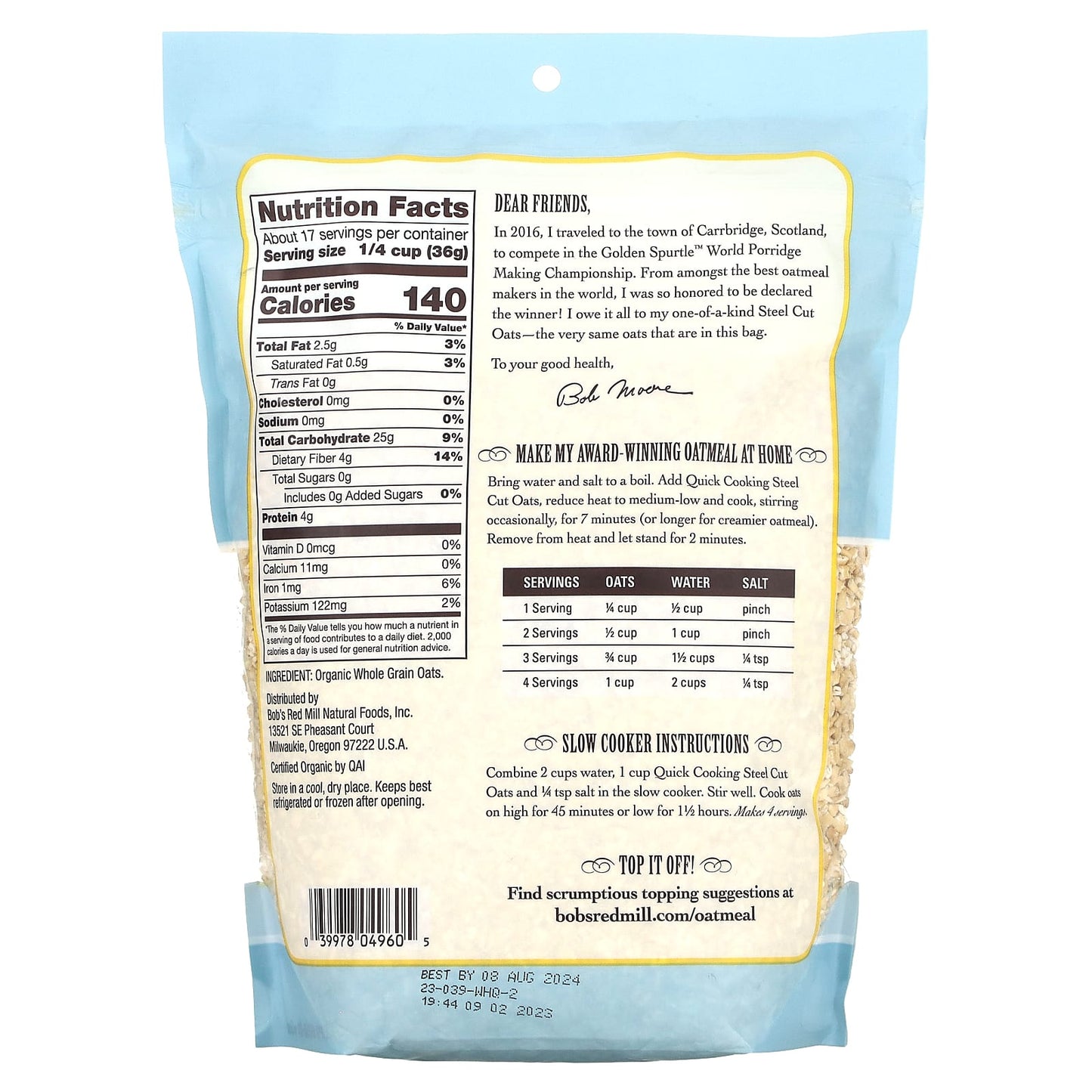 Organic Quick Cooking Steel Cut Oats by Bob's Red Mill, USDA Certified - Image 2