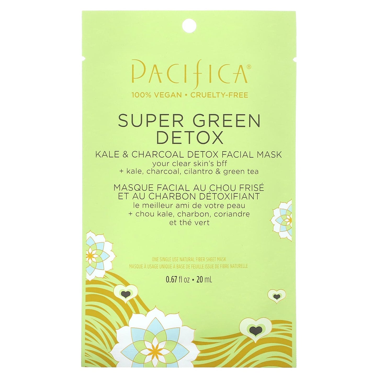 Pacifica, Super Green Detox, Beauty Facial Mask, Kale & Charcoal, 1 Sheet Mask, 0.67 fl oz (20 ml) - Image 1