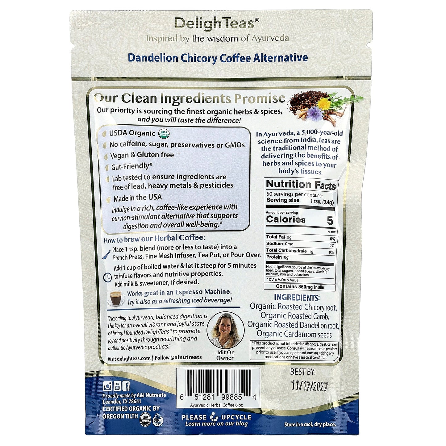 DelighTeas, Dandelion Chicory Coffee Alternative, Ayurvedic Herbal Blend, Loose Blend, Caffeine Free, 6 oz (170 g)