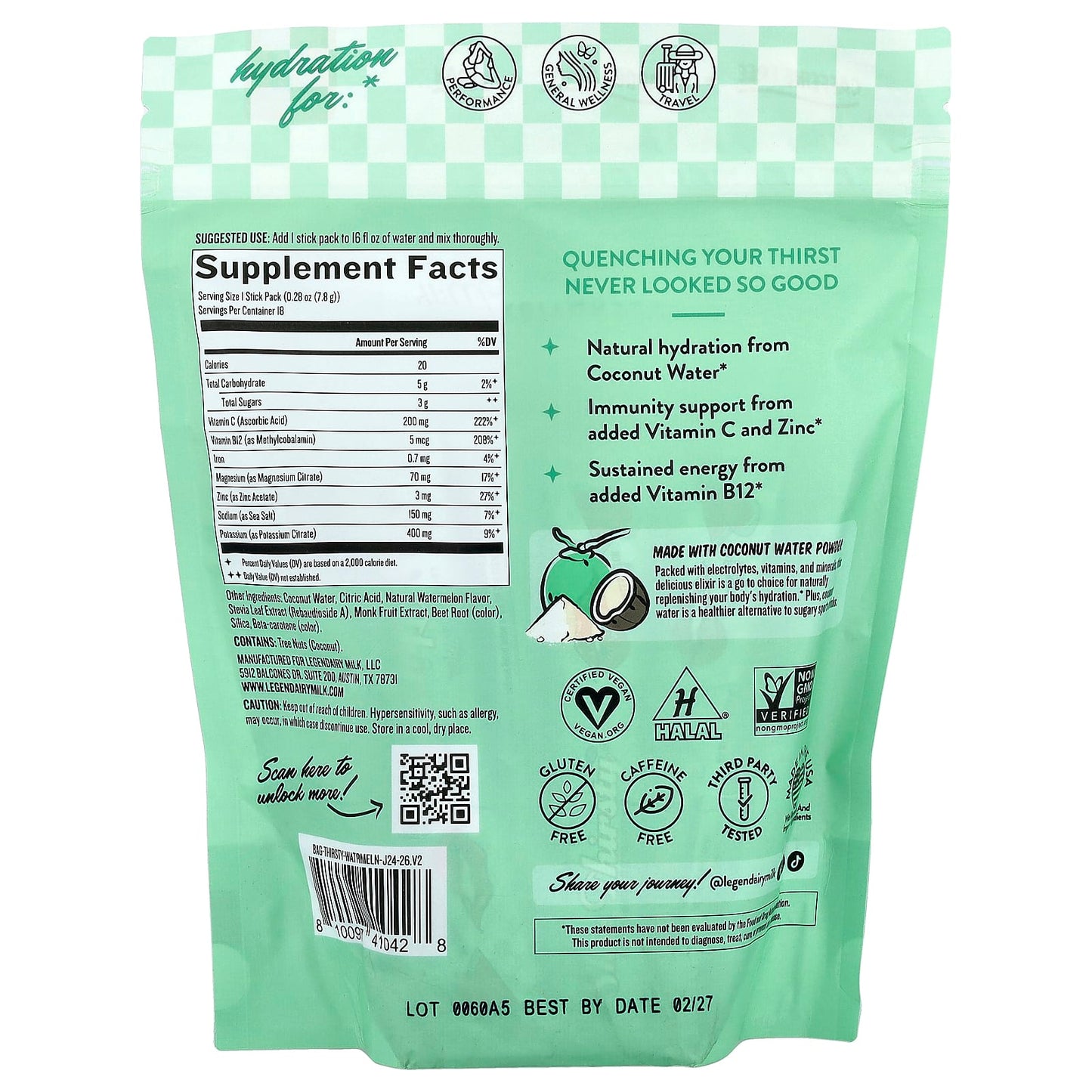Legendairy Milk, She's Thirsty®, Coconut Water Electrolyte Mix, Watermelon, 18 Stick Packs, 0.28 oz (7.8 g) Each