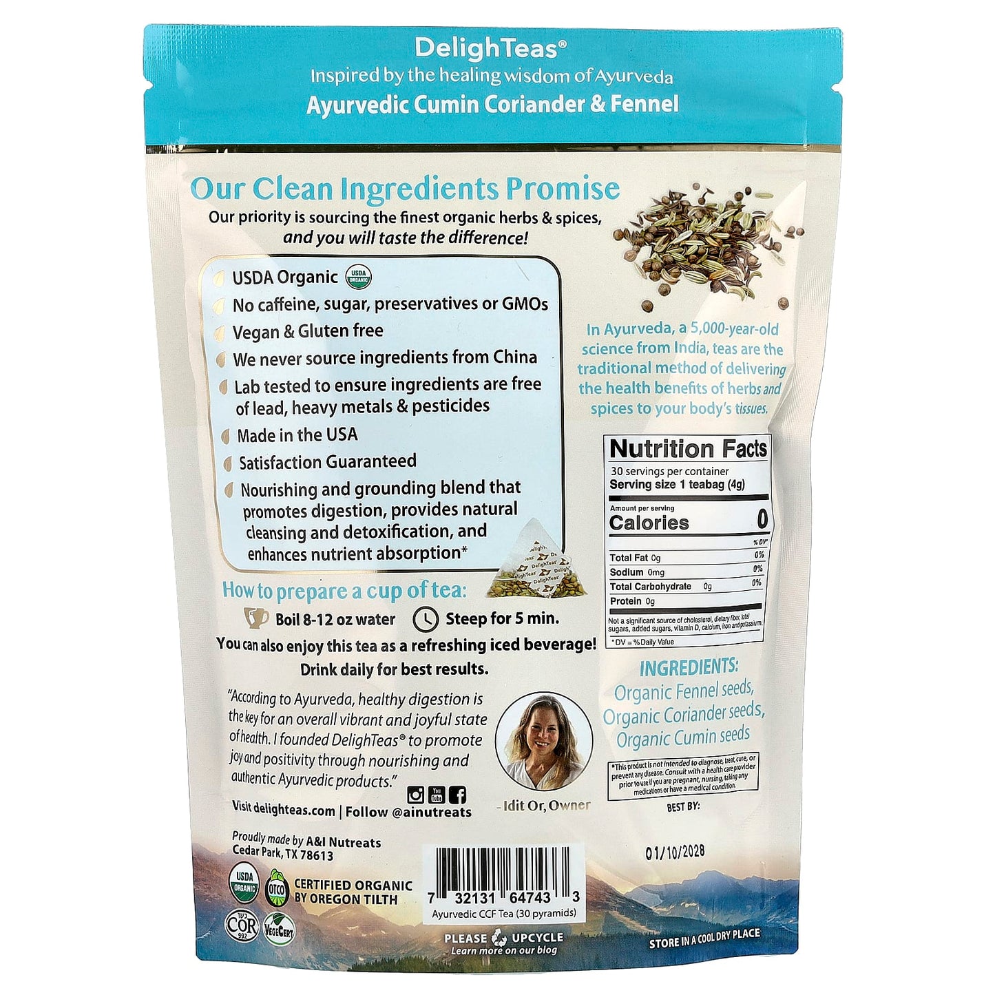 DelighTeas, Ayurvedic Cumin Coriander & Fennel, Herbal Detox Tea, Caffeine Free, 30 Luxury Pyramid Tea Bags, 4.2 oz (120 g)
