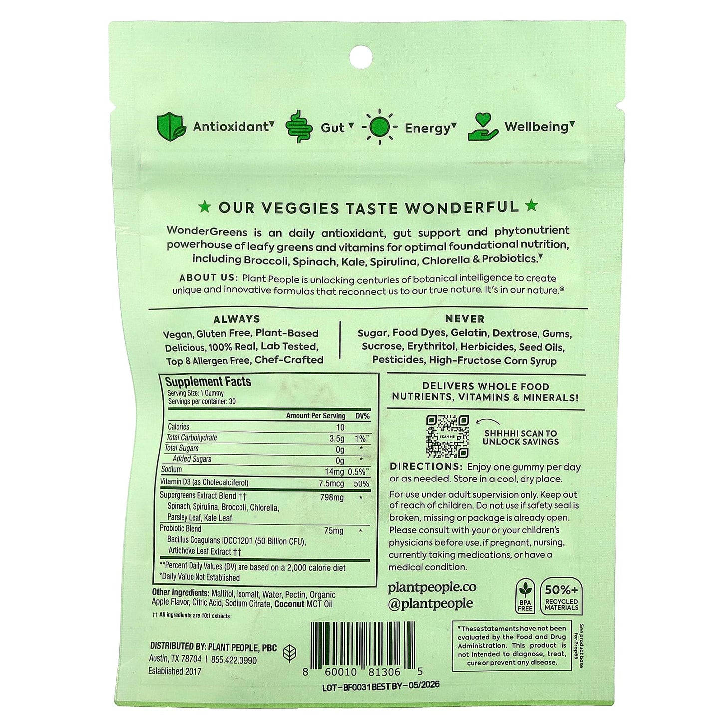 Plant People, Kids, WonderGreens® Super Veggie Gummies, Green Apple , 30 Gummies
