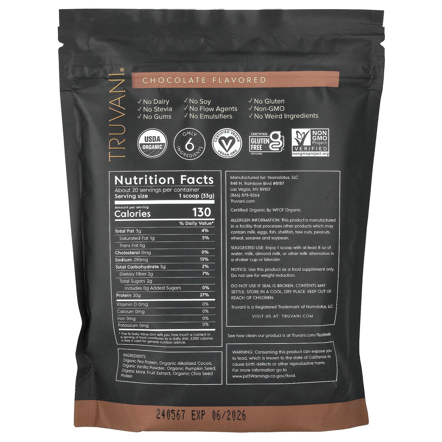 Truvani, Plant Based Protein, Chocolate, 1.48 lbs (670 g) - Image 2