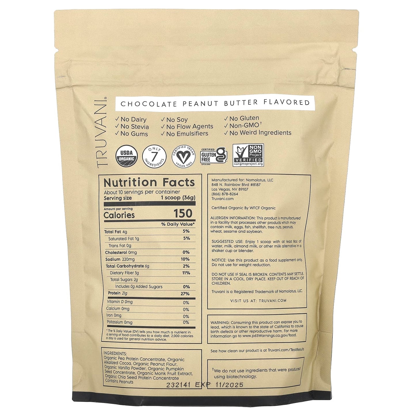 Truvani, Certified Organic Plant Based Protein, Chocolate Peanut Butter, 0.8 lbs (365 g) - Image 2