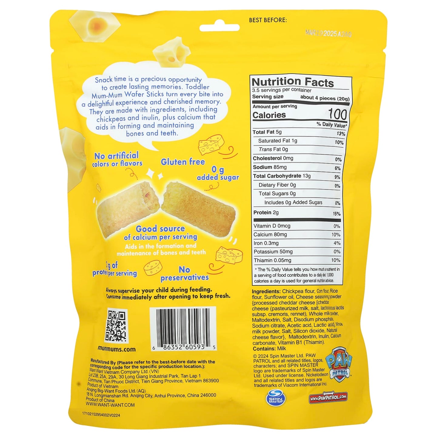 Paw Patrol White Cheddar Toddler Snacks, 14 Sticks, 2.47 oz (70 g) - Image 2