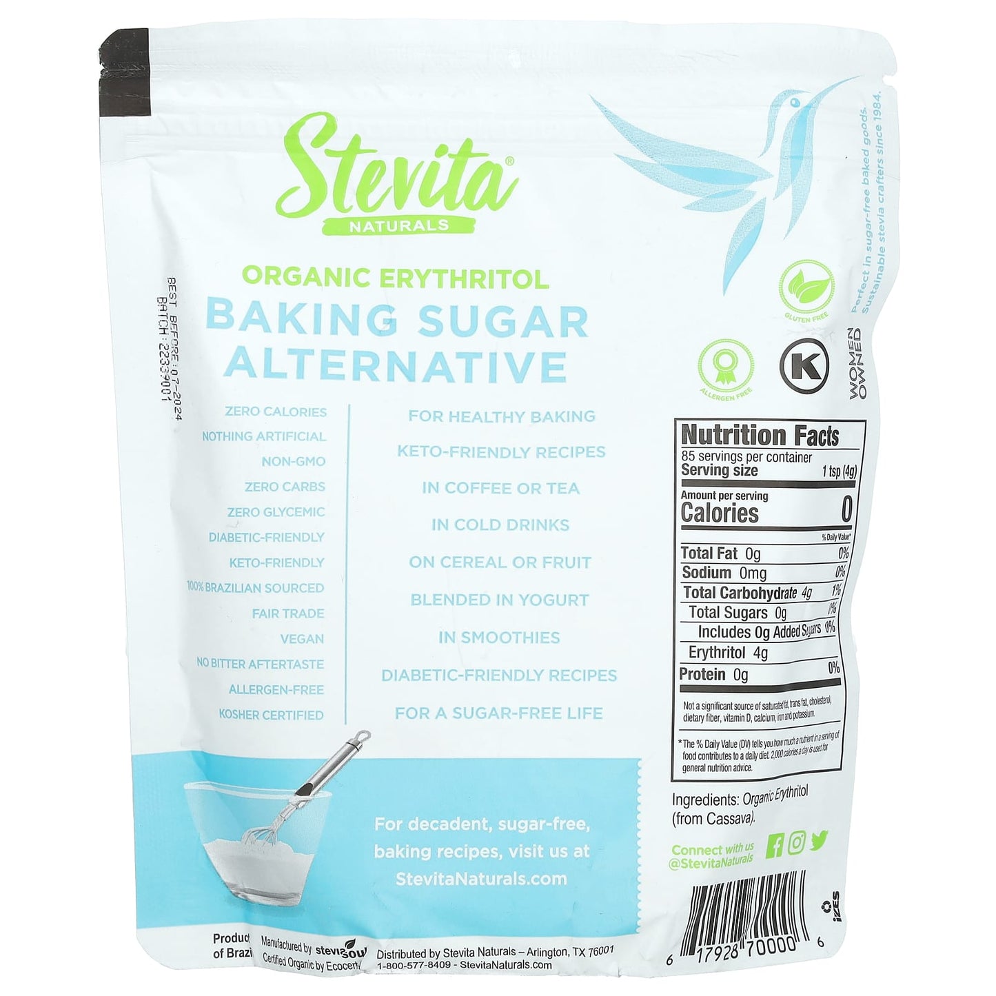 Stevita, Baking Sugar Alternative, Organic Erythritol, 12 oz (341 g) - Image 2