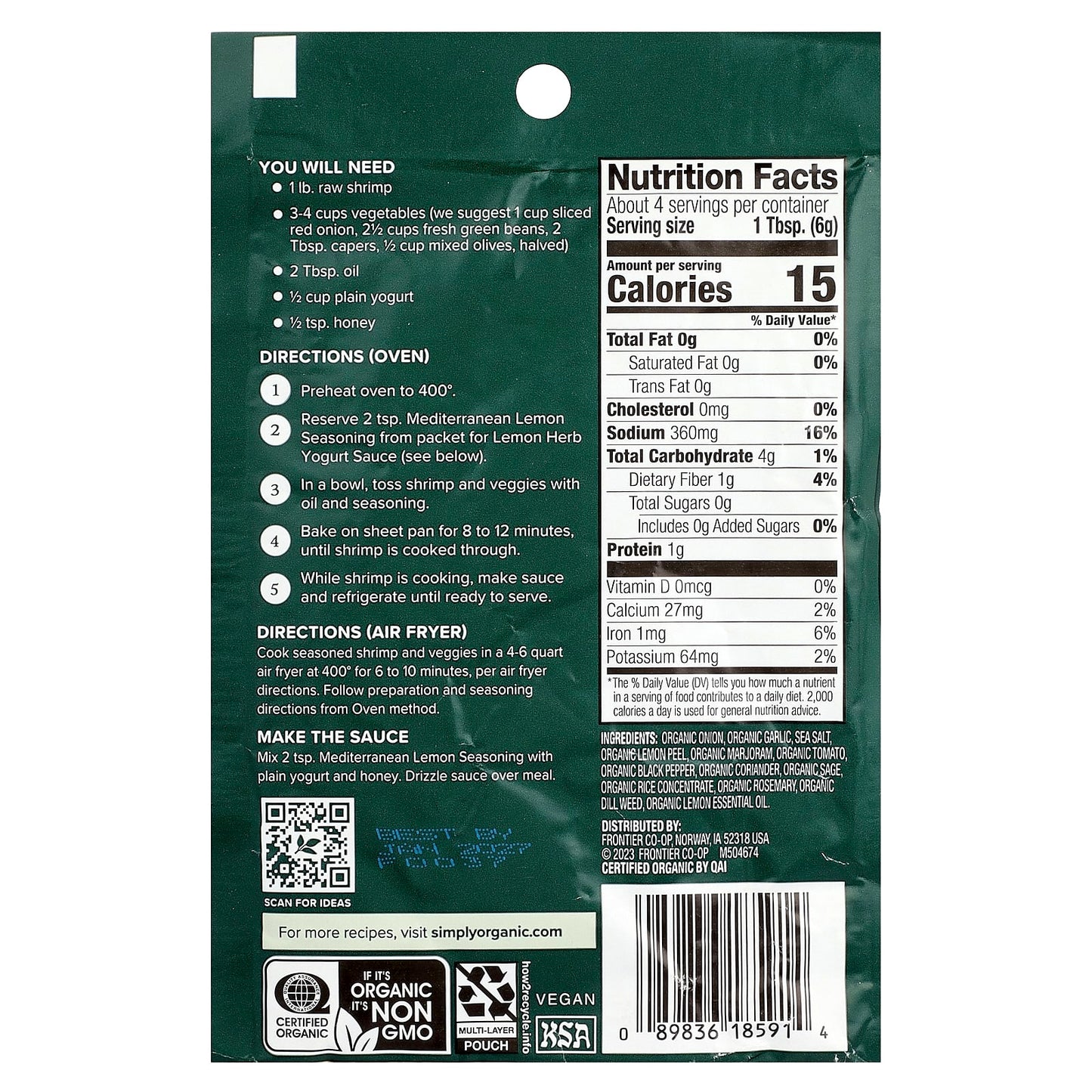 Simply Organic, Sheet Pan Seasoning Mix, Mediterranean Lemon, 0.85 oz (24 g) - Image 2