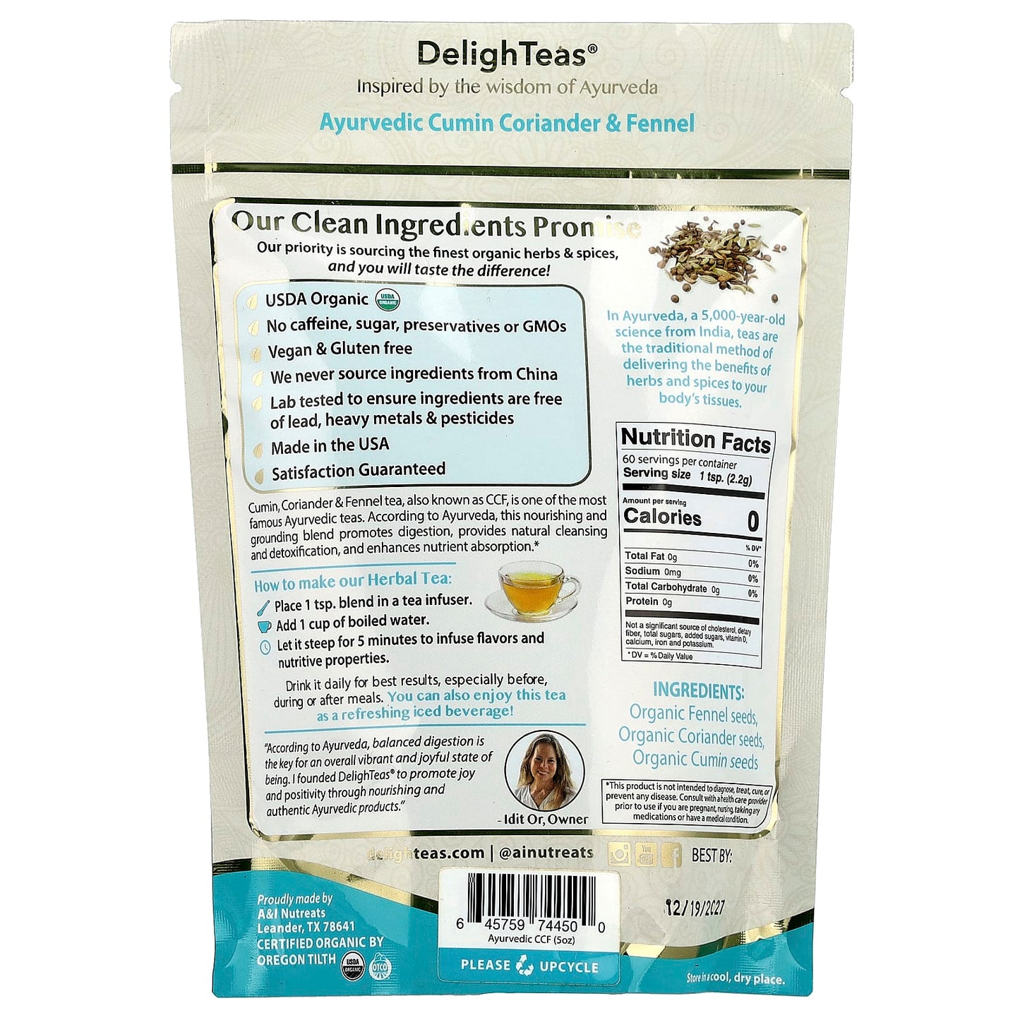 DelighTeas, Ayurvedic Cumin Coriander & Fennel, Herbal Detox Tea, Loose Blend, Caffeine Free, 5 oz (140 g)