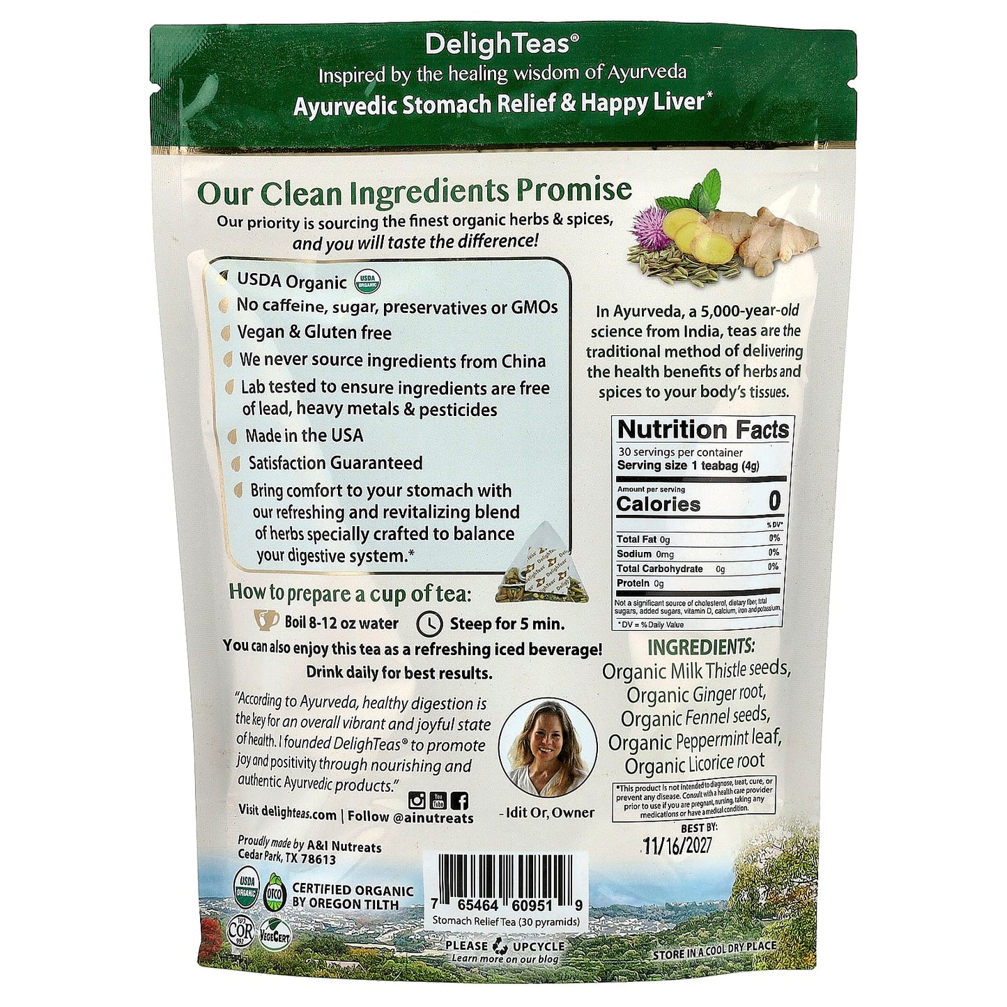 DelighTeas, Ayurvedic Stomach Relief & Happy Liver, Herbal Detox Tea, Caffeine Free, 30 Luxury Pyramid Tea Bags, 4.2 oz (120 g)