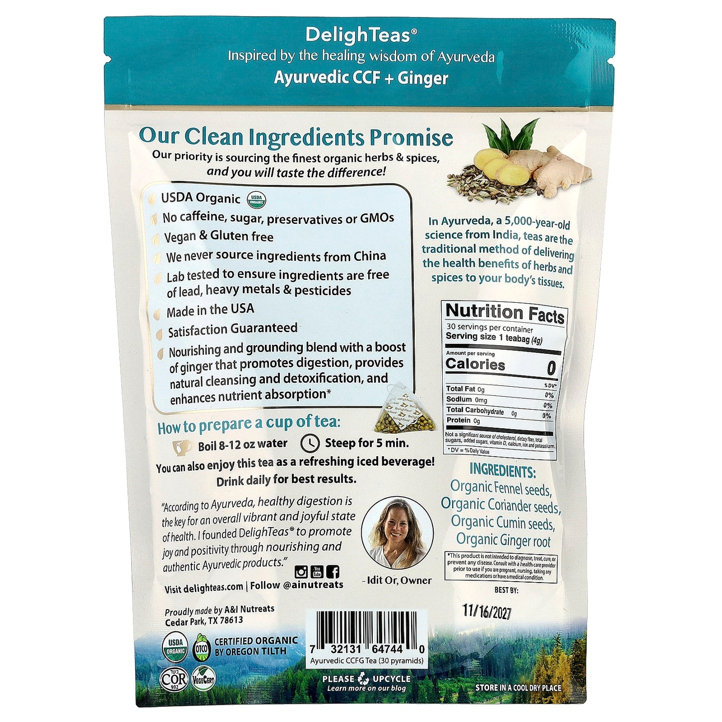 DelighTeas, Ayurvedic Cumin Coriander Fennel With Ginger, Herbal Detox Tea, Caffeine Free, 30 Luxury Pyramid Bags, 4.2 oz (120 g)