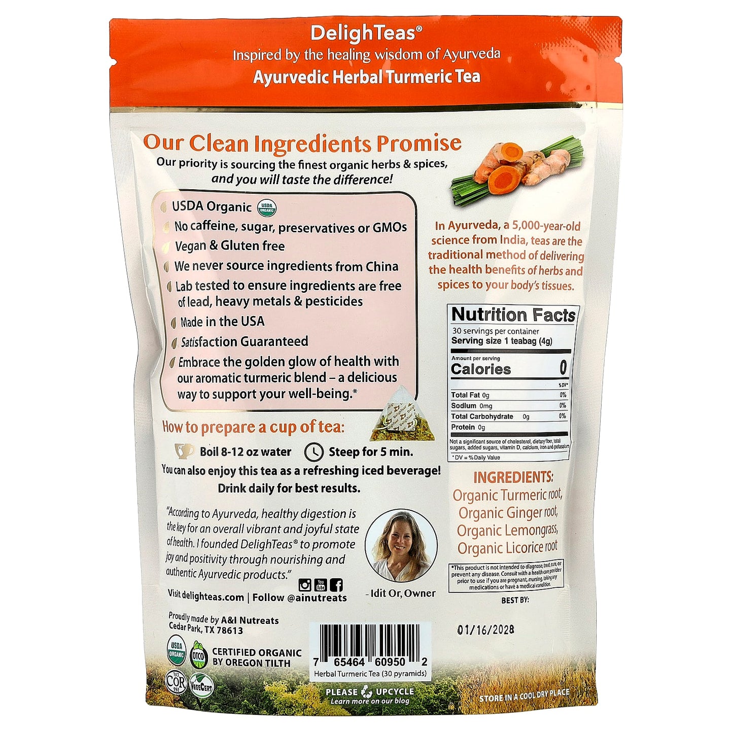 DelighTeas, Ayurvedic Herbal Turmeric Tea, Caffeine Free, 30 Luxury Pyramid Tea Bags, 4.2 oz (120 g)
