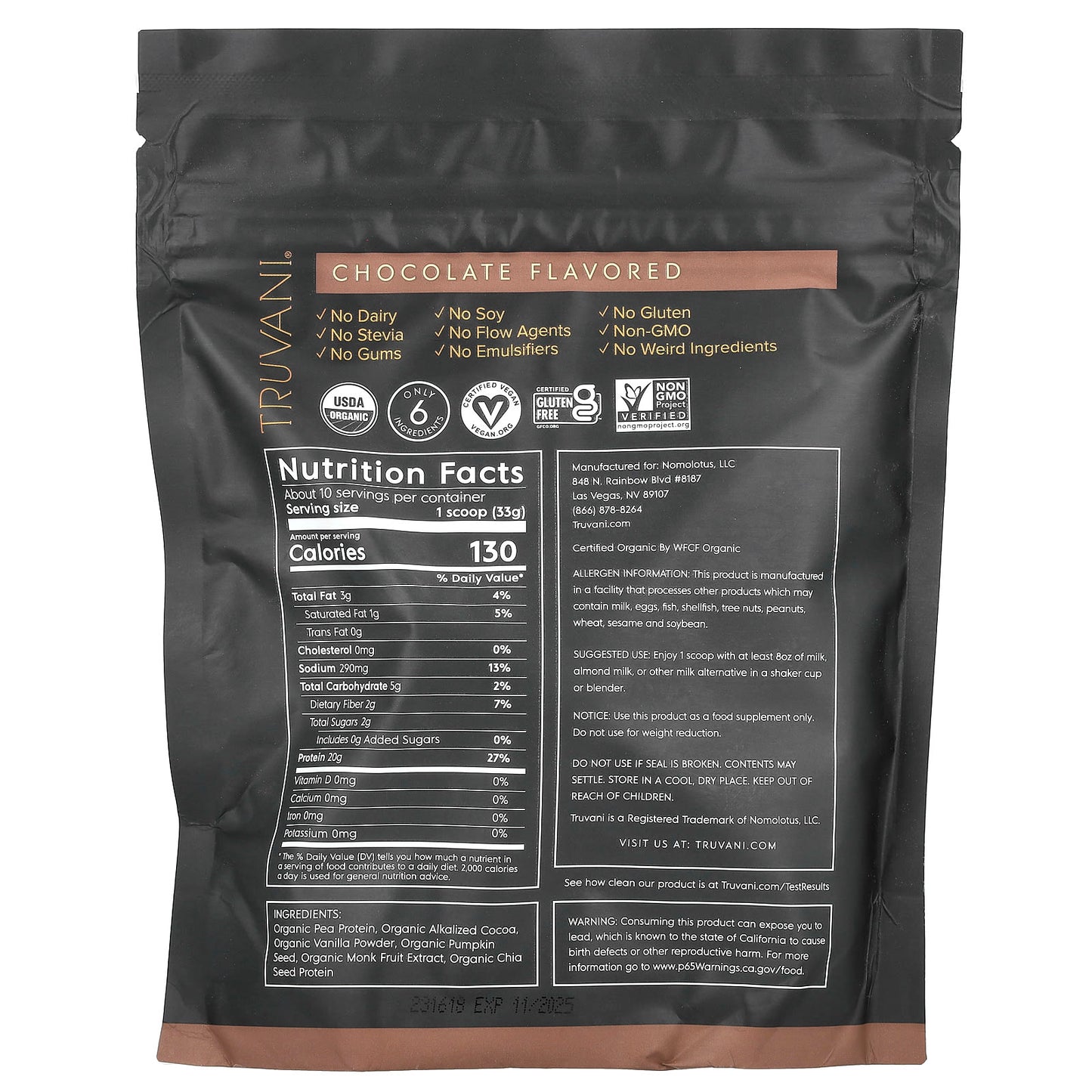 Truvani, Plant Based Protein, Chocolate, 0.74 lbs (335 g) - Image 2