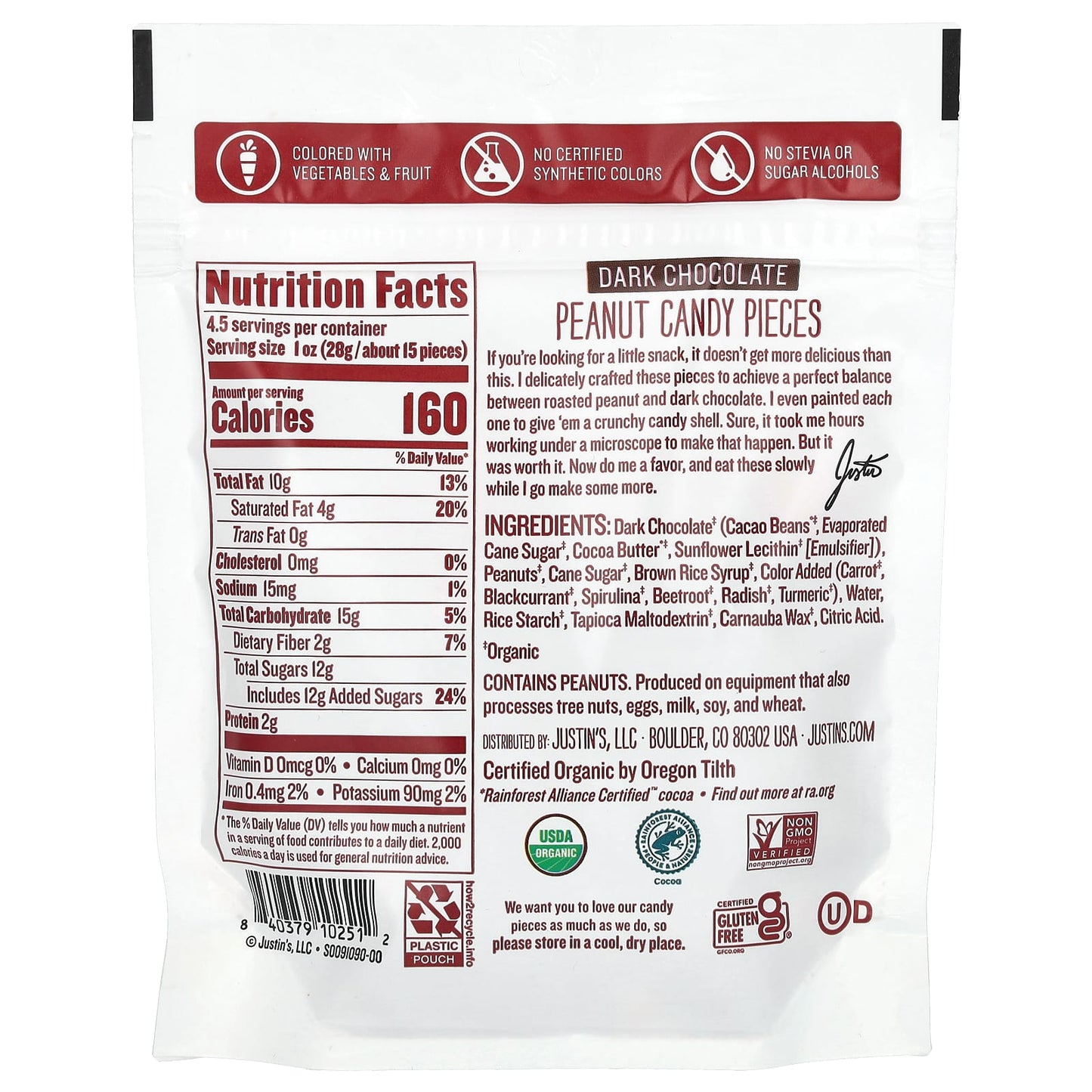 Dark Chocolate Peanut Candy Pieces by Justin's, Organic & Gluten-Free - Image 2