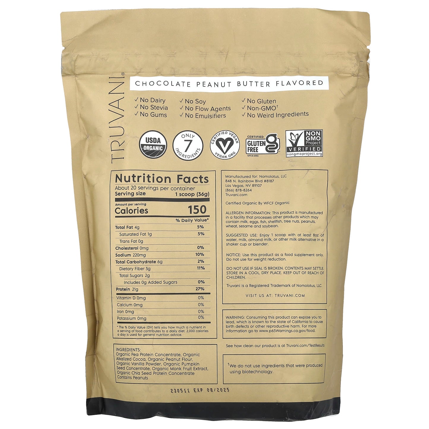 Truvani, Plant Based Protein, Chocolate Peanut Butter, 1.61 lbs (730 g) - Image 2