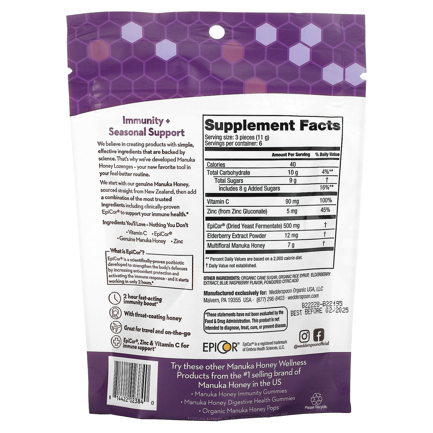 Wedderspoon, Manuka Honey Lozenges, Elderberry, 2.6 oz (74 g) - Image 2
