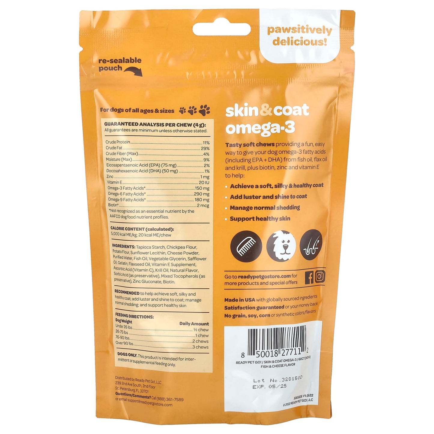 Ready Pet Go, Skin & Coat Omega-3, For Dogs, All Ages, Fish & Cheese, 60 Soft Chews, 8.5 oz (240 g)