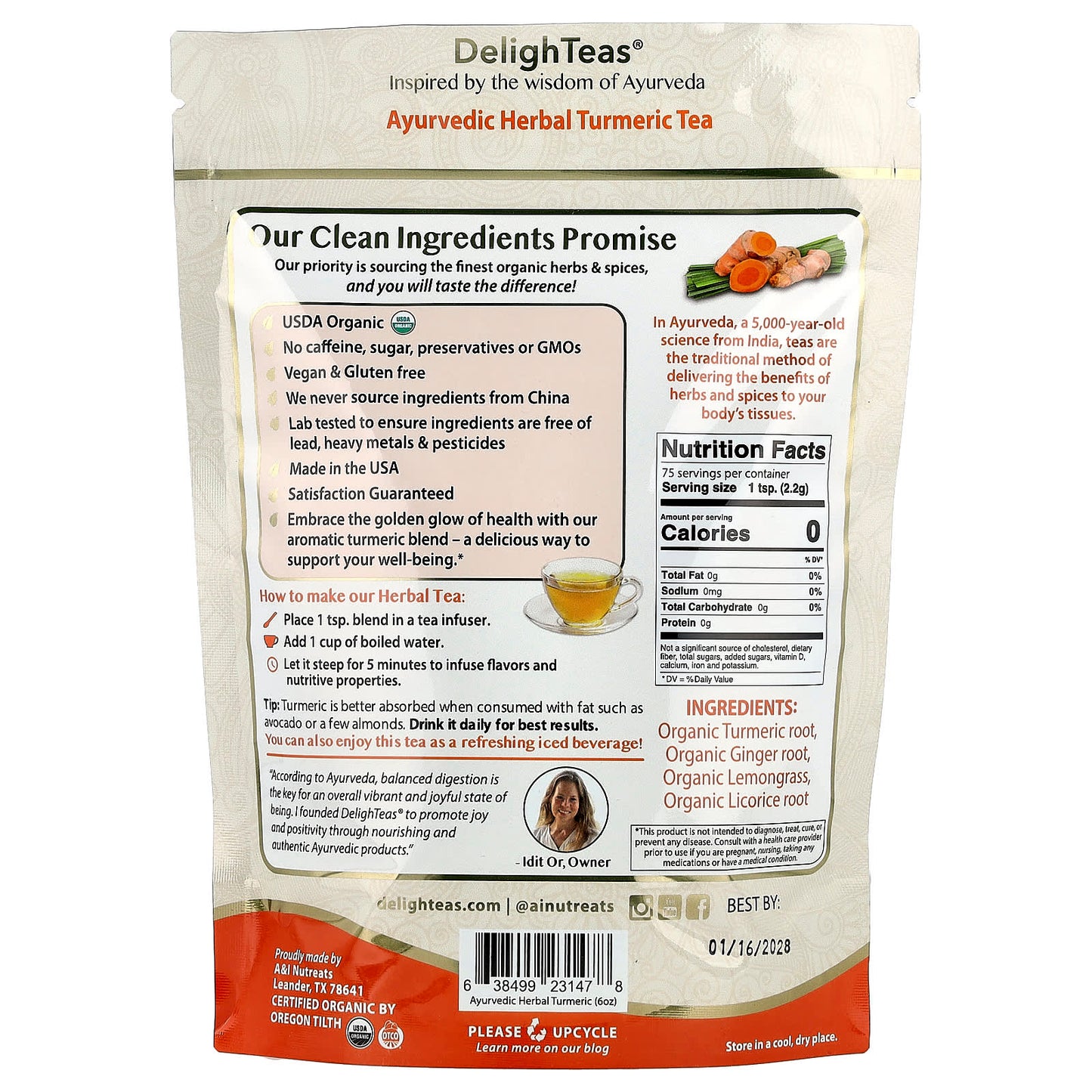 DelighTeas, Ayurvedic Herbal Turmeric Tea, Loose Blend, Caffeine Free, 6 oz (170 g)
