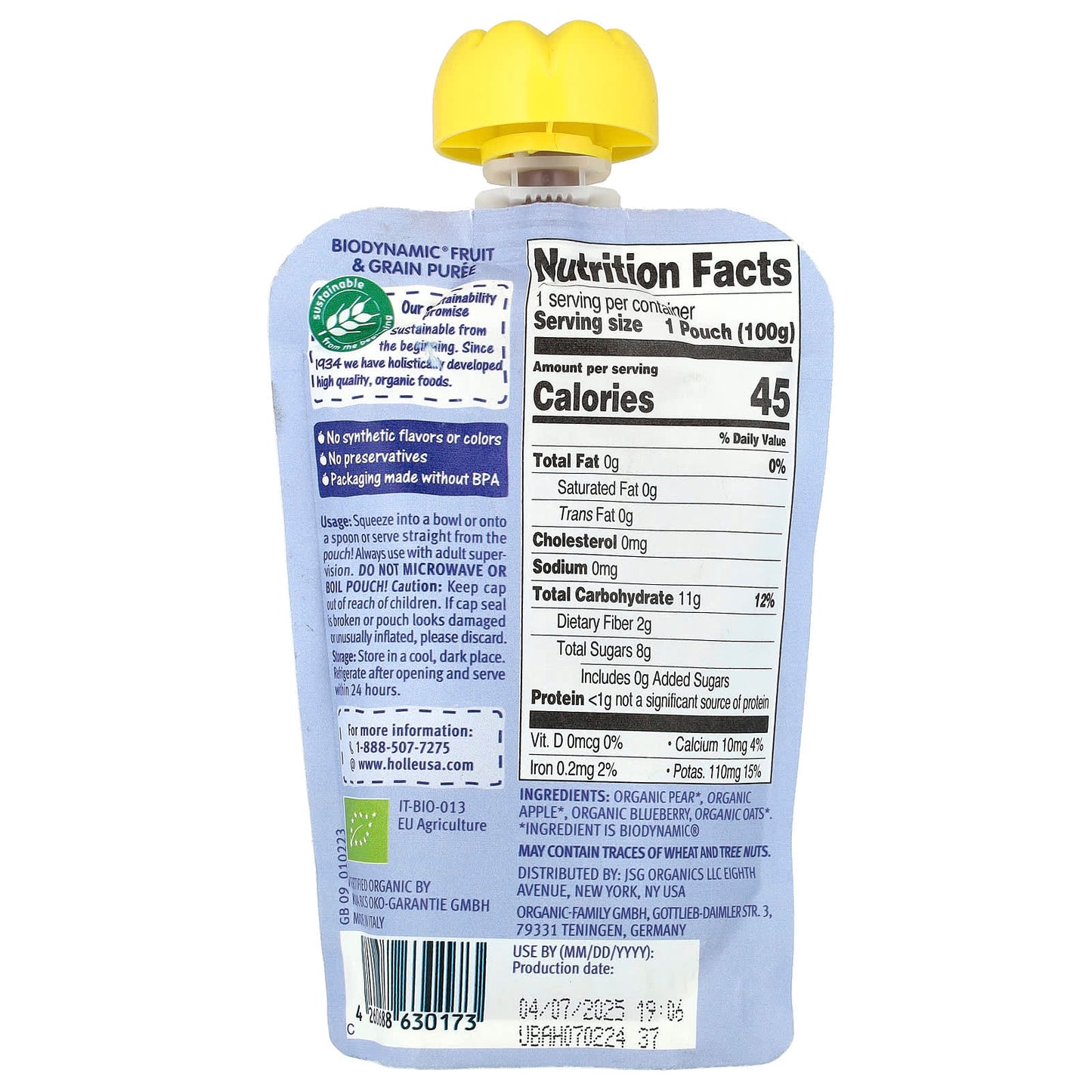 Holle Organic Baby Food Puree for 6+ Months, Pear Apple Blueberry Oats - Image 2