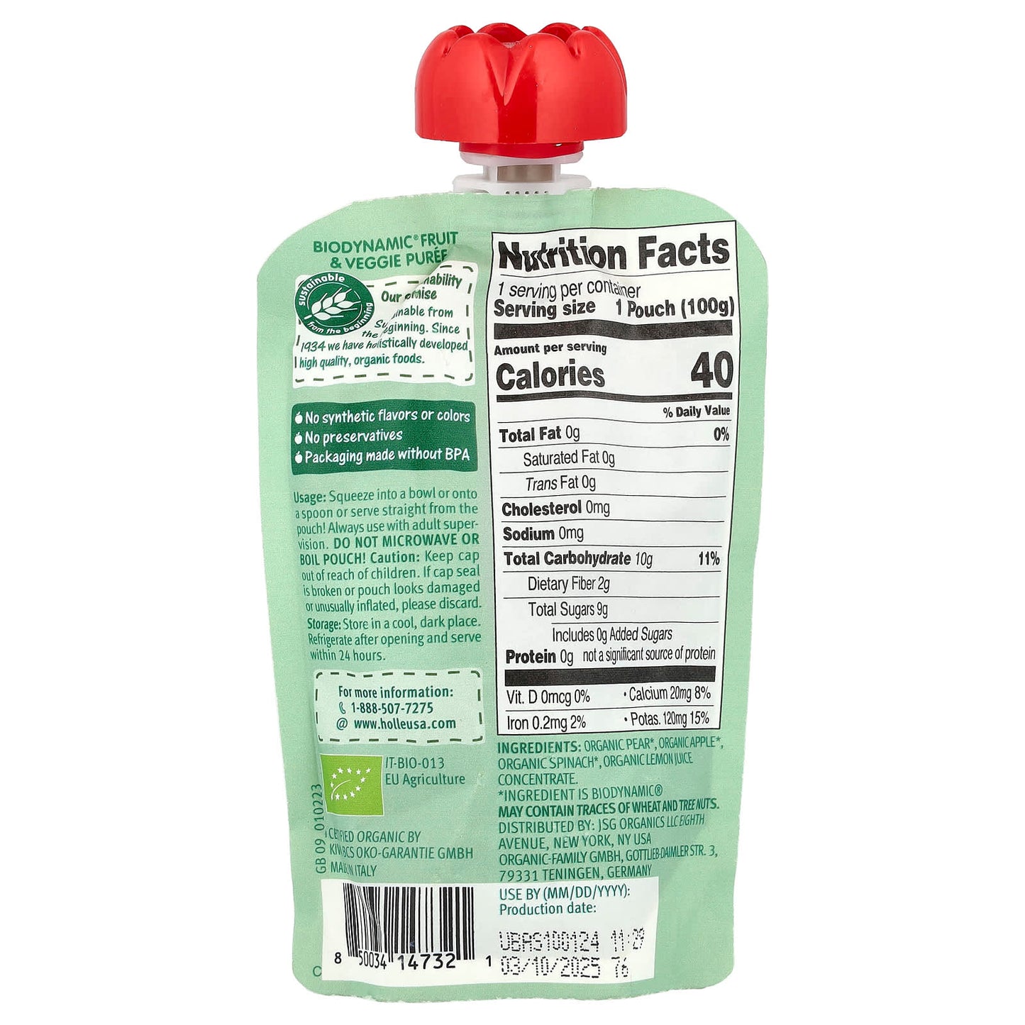 Holle Organic Fruit & Veggie Puree for Babies, 6+ Months, Pear & Apple with Spinach - Image 2