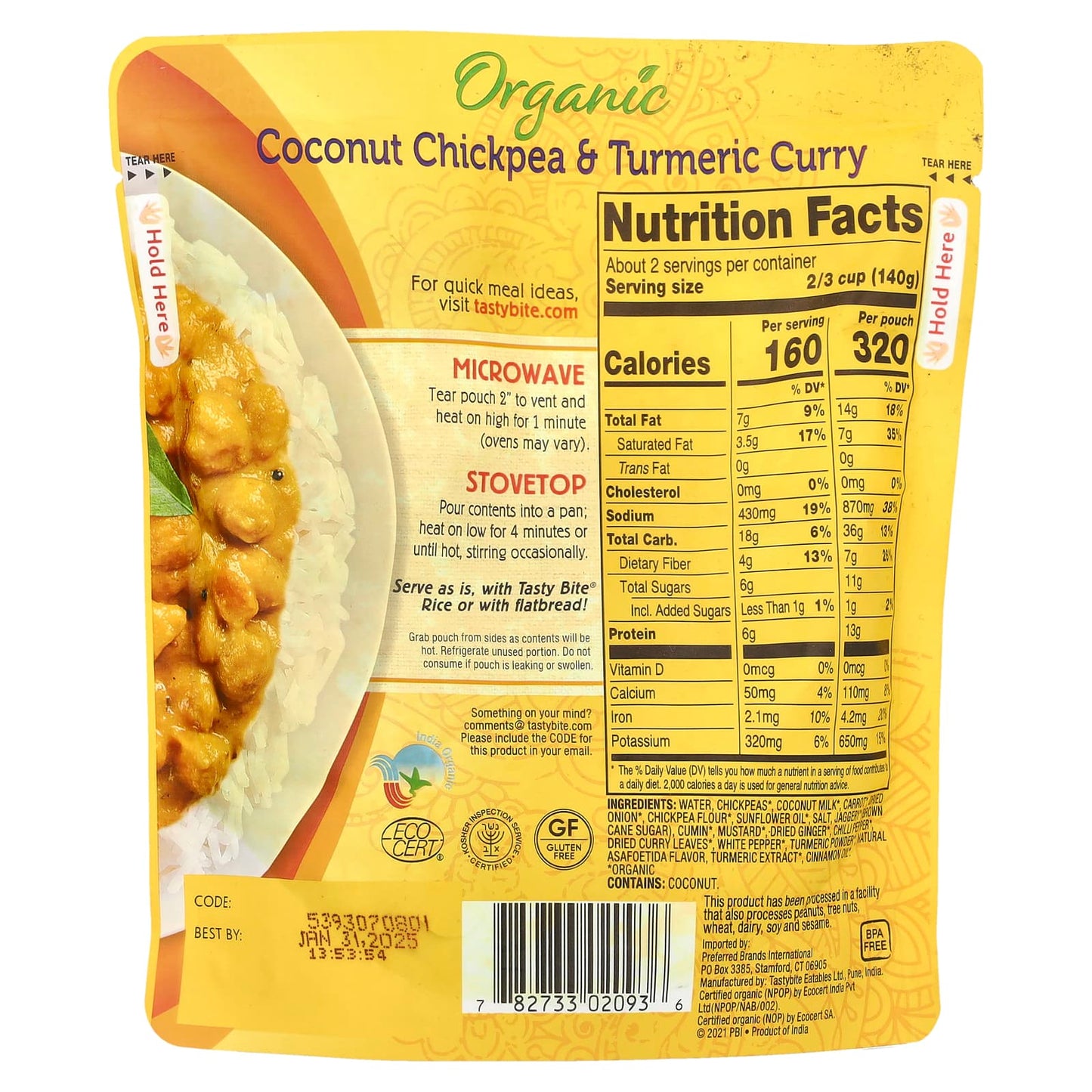 Tasty Bite, Organic Coconut Chickpea & Turmeric Curry, 10 oz (285 g) - Image 2