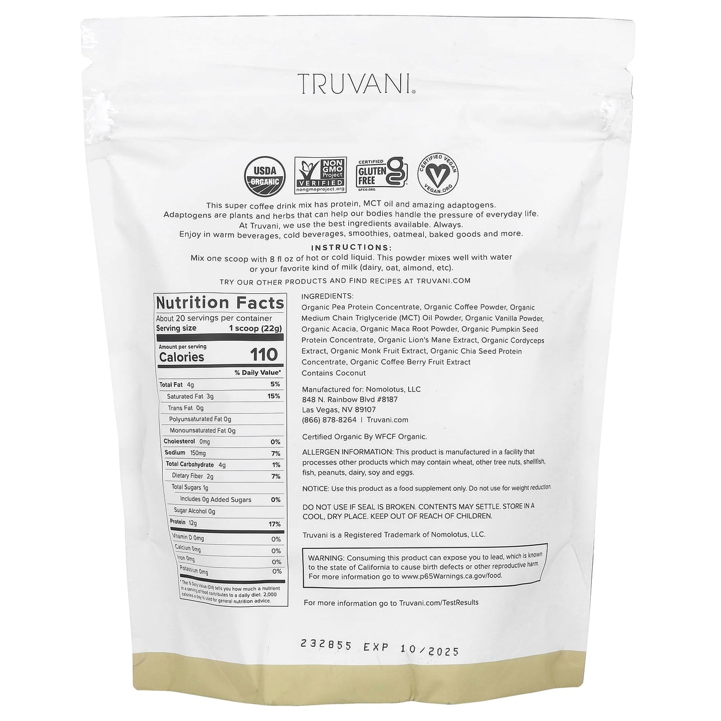Truvani, Protein + Energy, Vanilla Latte, 15.87 oz (450 g) - Image 2