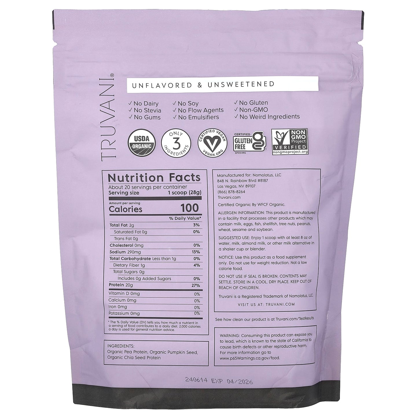 Truvani, Plant Based Protein, Unflavored, 1.23 lbs (560 g) - Image 2