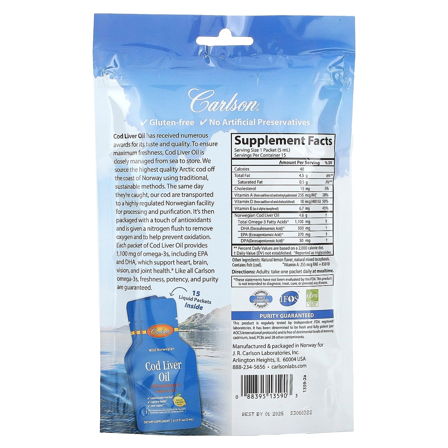 Norwegian Cod Liver Oil Liquid Packets by Carlson - Omega-3s & Vitamins A & D3 - Image 2