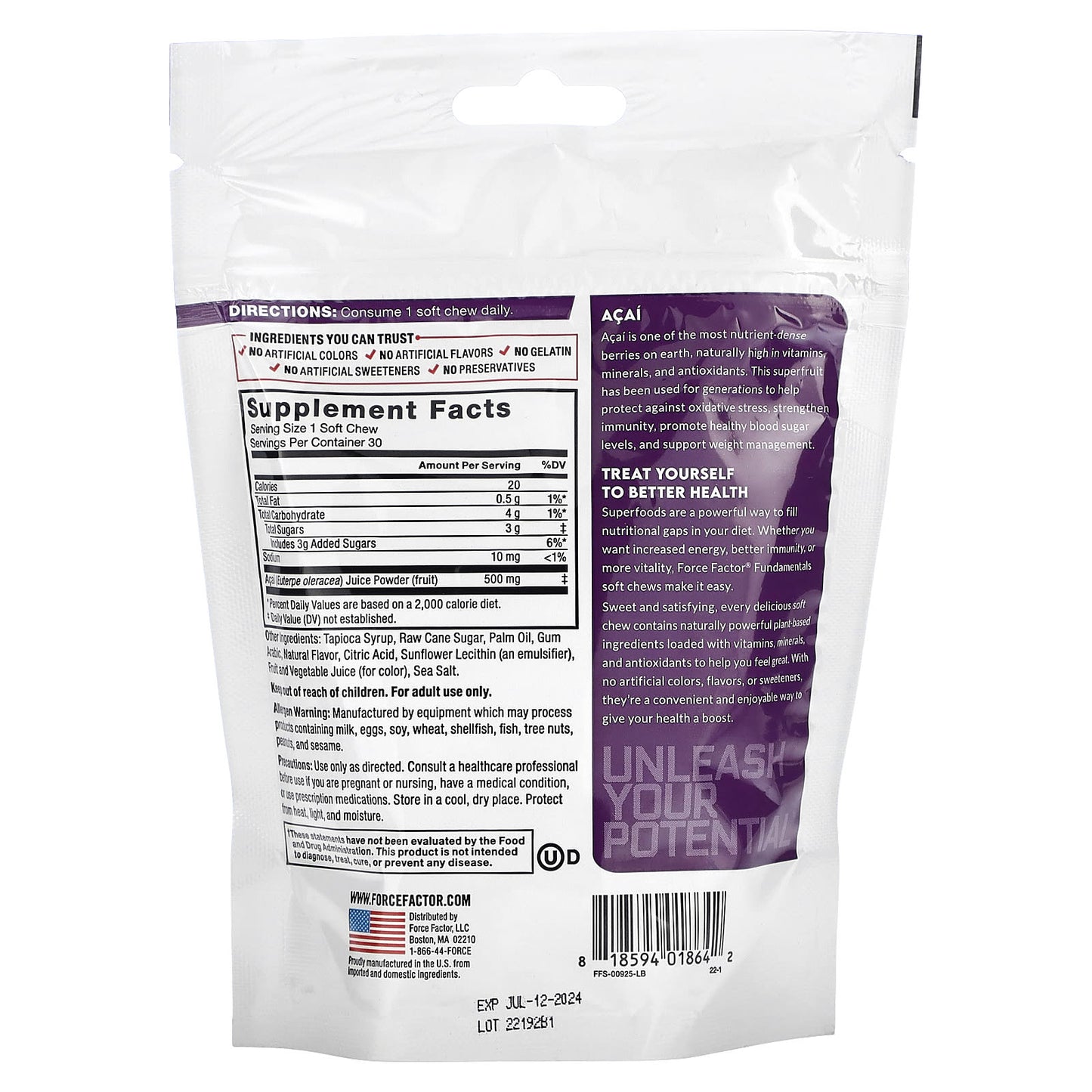 Force Factor, Fundamentals, Acai, 500 mg, 30 Soft Chews