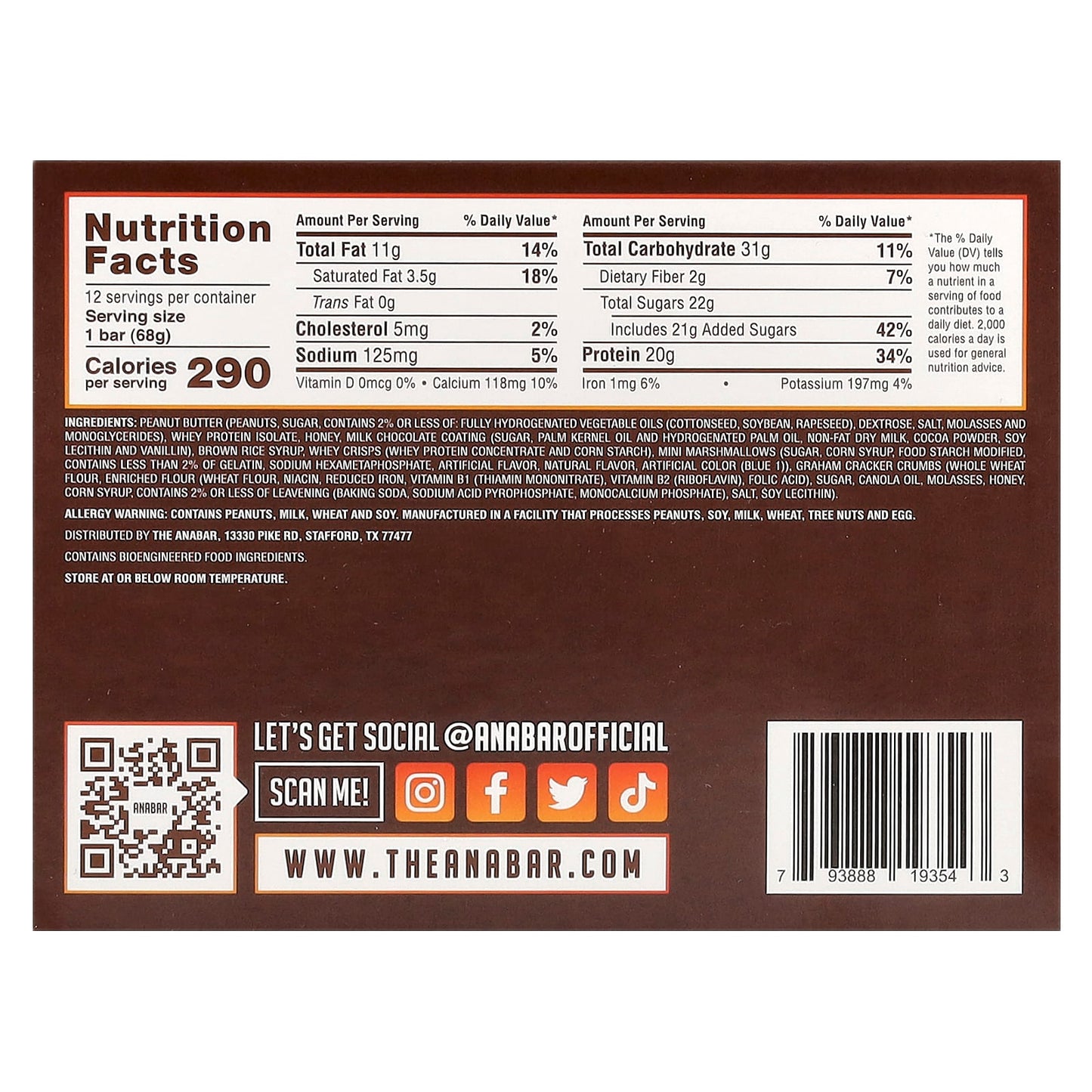 The Anabar, The Protein-Packed Candy Bar®, Milk Chocolate Campfire S'Mores, 12 Bars, 2.39 oz (68 g) Each