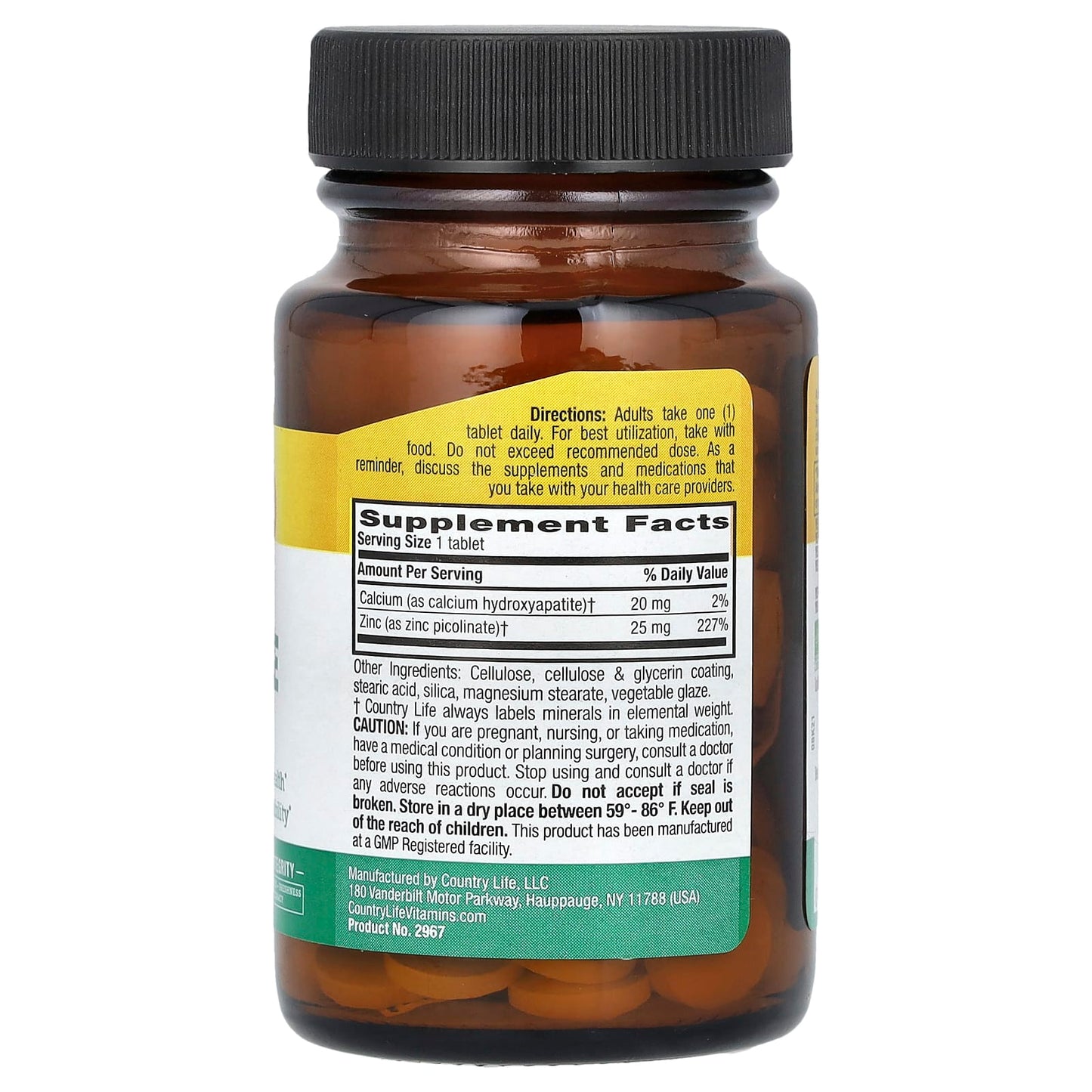 Country Life Zinc Picolinate 25mg, Gluten-Free, 100 Tablets - Image 2
