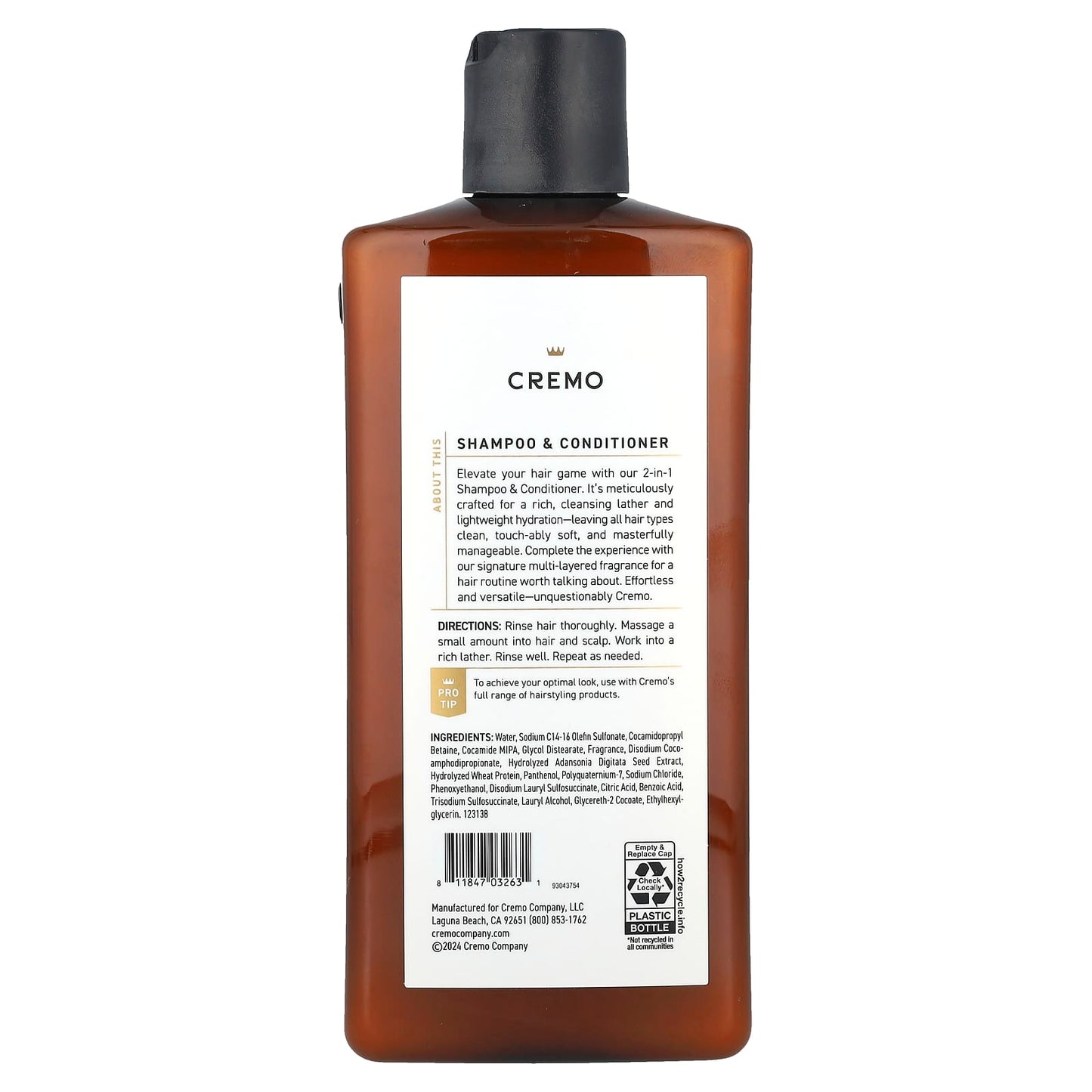 Cremo 2-in-1 Shampoo & Conditioner, Bourbon & Oak, 16 fl oz - Image 2