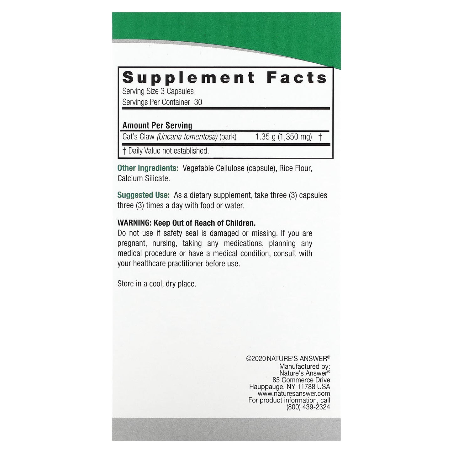 Nature's Answer, Cat's Claw, 1,350 mg, 90 Vegetarian Capsules (450 mg per Capsule)