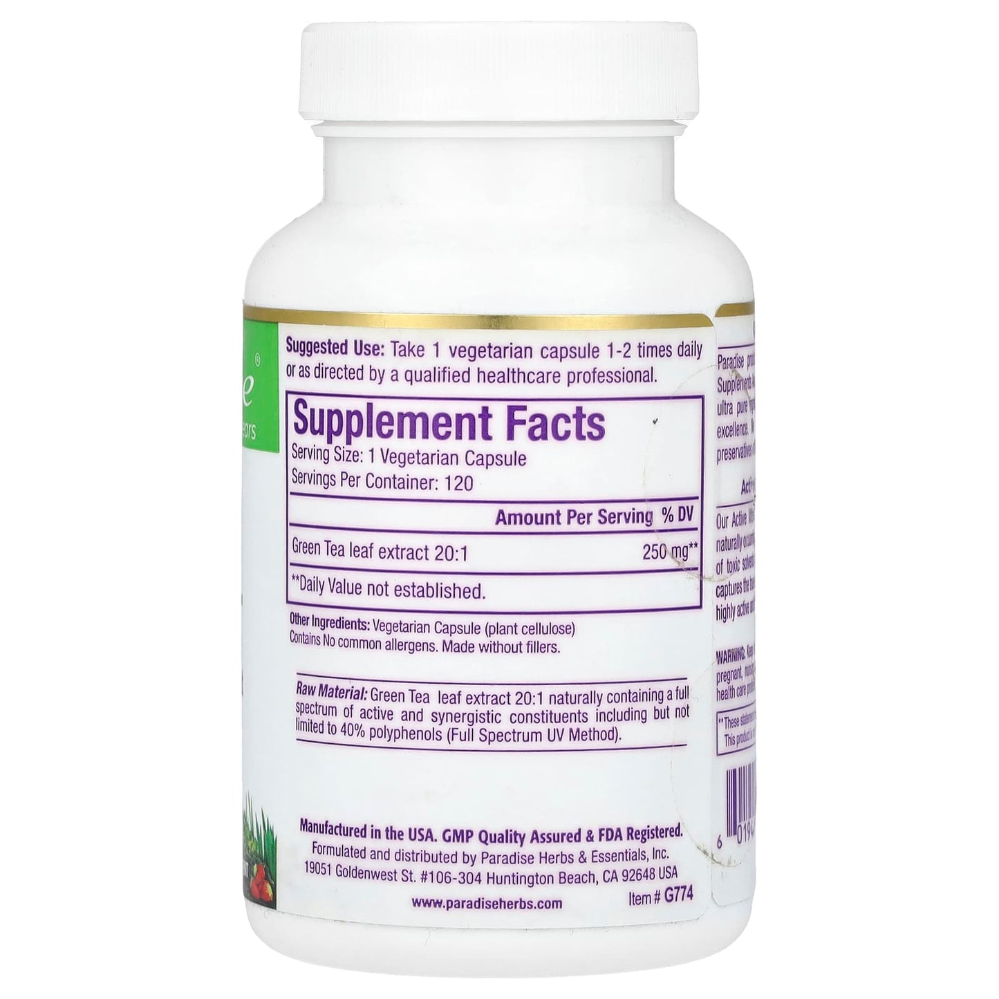 Paradise Herbs, Green Tea, 120 Vegetarian Capsules (250 mg per Capsule) - Image 2