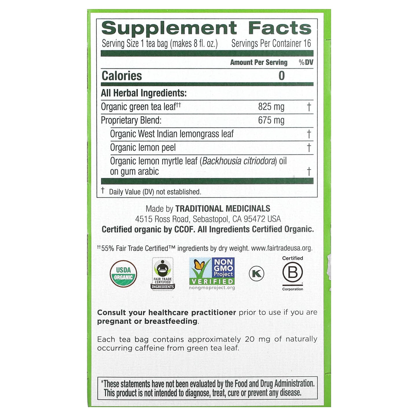 Traditional Medicinals, Organic Green Tea, Lemongrass, 16 Wrapped Tea Bags, 0.85 oz (24 g) - Image 2