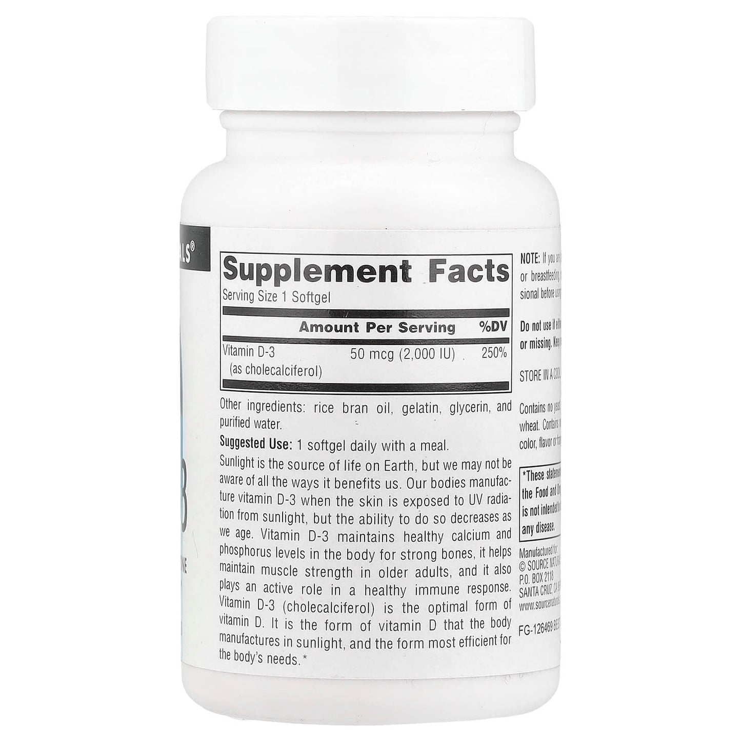 Source Naturals, Vitamin D-3, 50 mcg (2,000 IU), 200 Softgels - Image 2