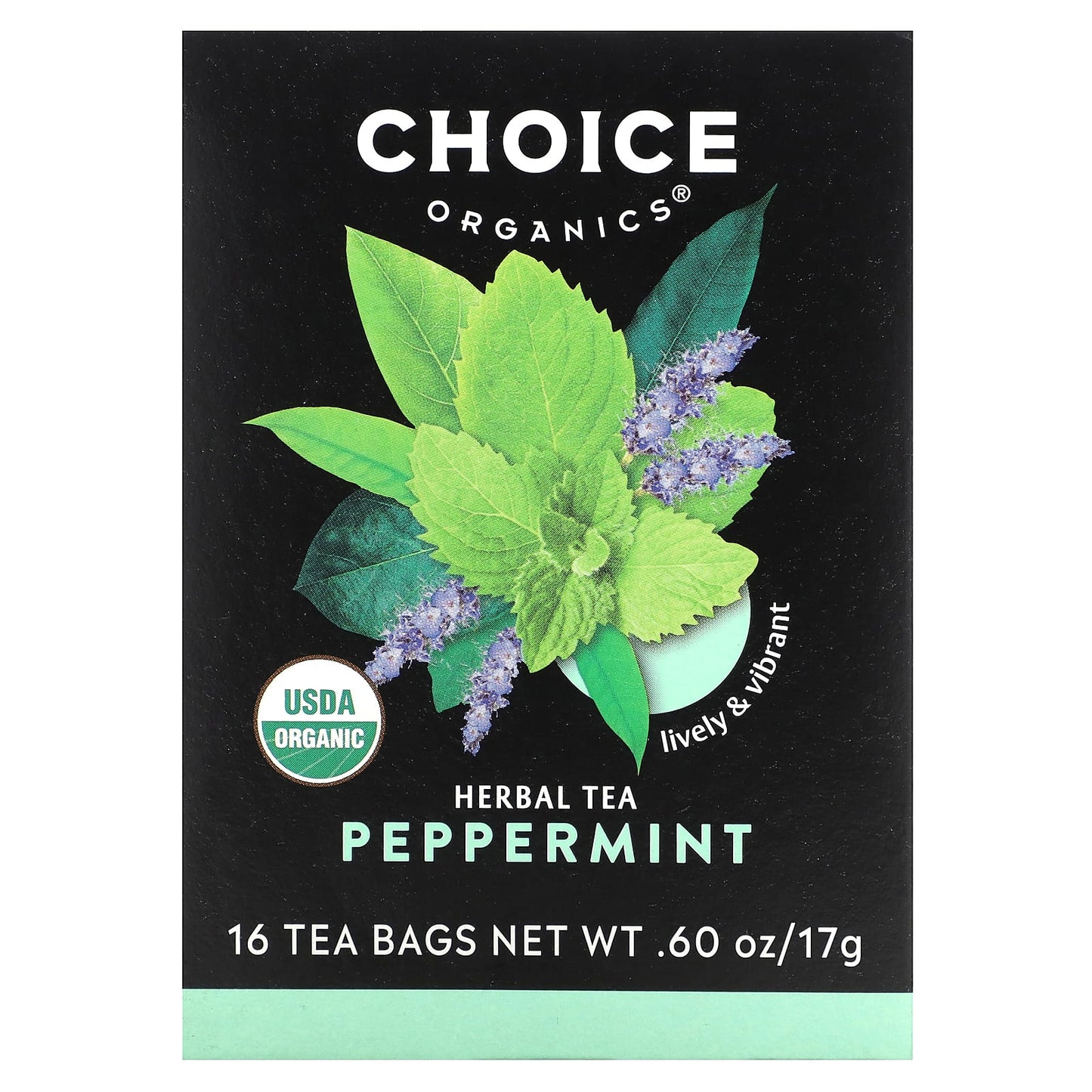 Choice Organic Teas, Herbal Tea, Peppermint, Caffeine Free, 16 Tea Bags, 0.60 oz (17 g)