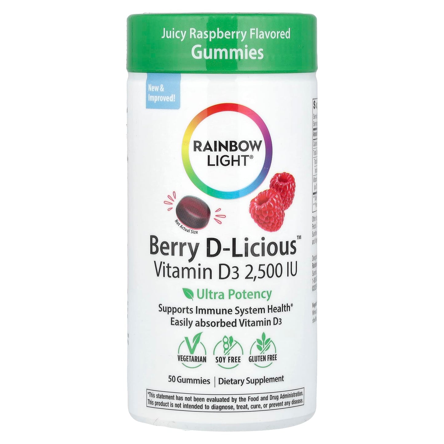 Rainbow Light, Berry D-Licious™, Vitamin D3, Juicy Raspberry, 62.5 mcg (2,500 IU), 50 Gummies - Image 1