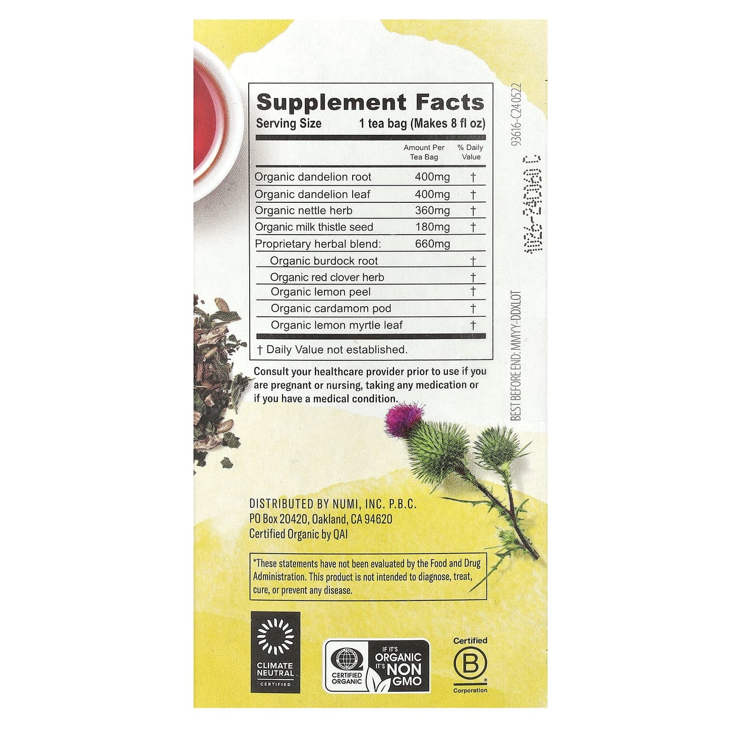 Numi Tea, Organic, Dandelion Detox, Caffeine Free, 16 Non-GMO Tea Bags, 1.13 oz (32 g) - Image 2