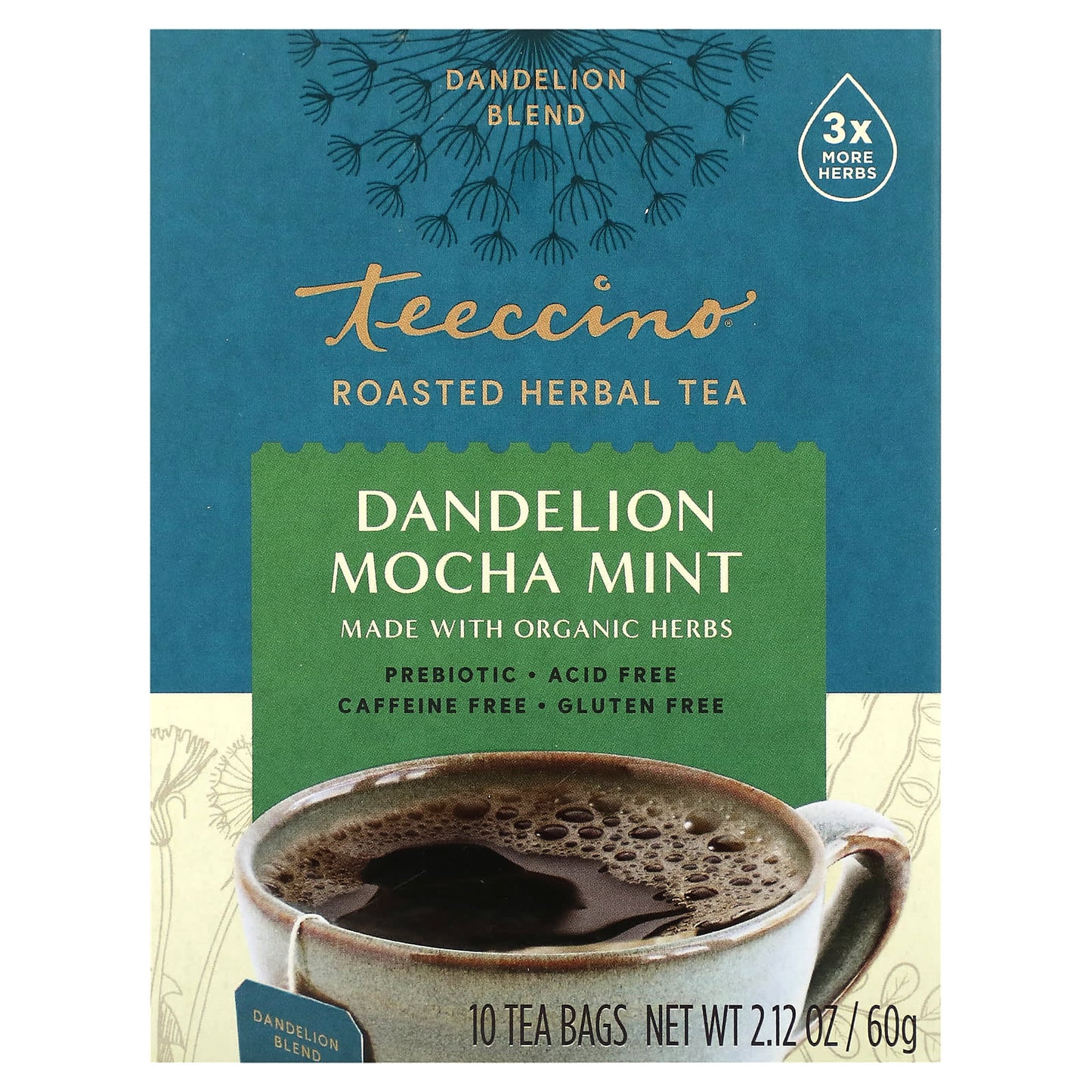 Teeccino, Roasted Herbal Tea, Dandelion Mocha Mint, Caffeine Free, 10 Tea Bags, 2.12 oz (60 g) - Image 1