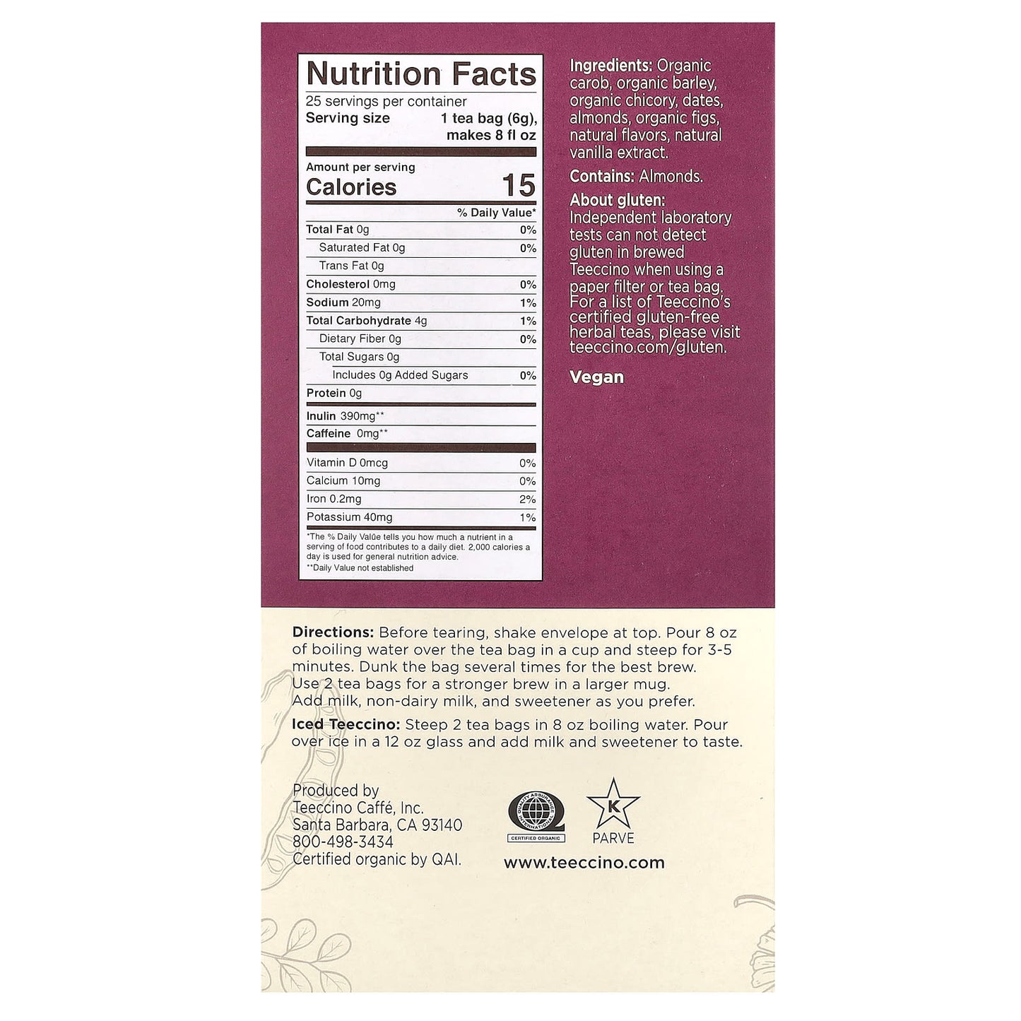 Teeccino, Roasted Herbal Tea, Vanilla Nut, Caffeine Free, 25 Tea Bags, 5.3 oz (150 g) - Image 2