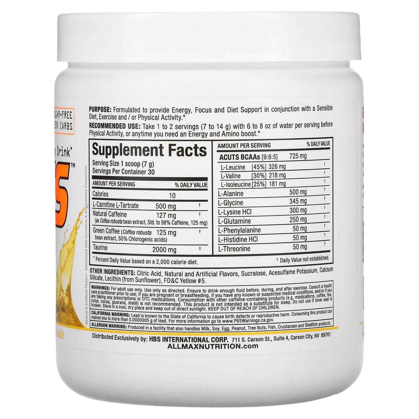 ALLMAX Amino-Charged Energy Drink, Pina Colada, 7.4 oz (210g) - Sugar-Free & Lean Muscle Support - Image 2