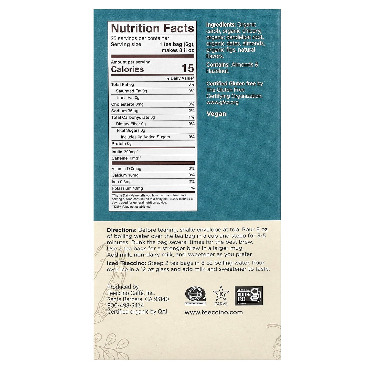 Teeccino, Roasted Herbal Tea, Dandelion Caramel Nut, Caffeine Free, 25 Tea Bags, 5.3 oz (150 g) - Image 2