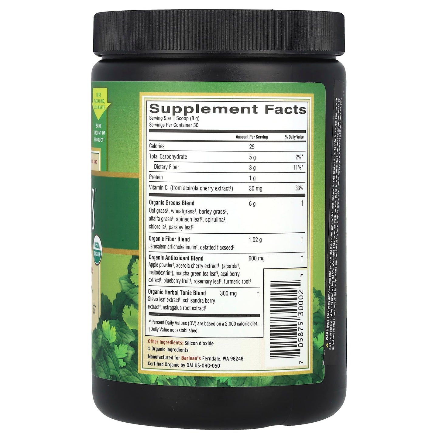 Boost Your Health with Organic Barlean's Greens Powder, 8.47 oz (240g) - Image 2