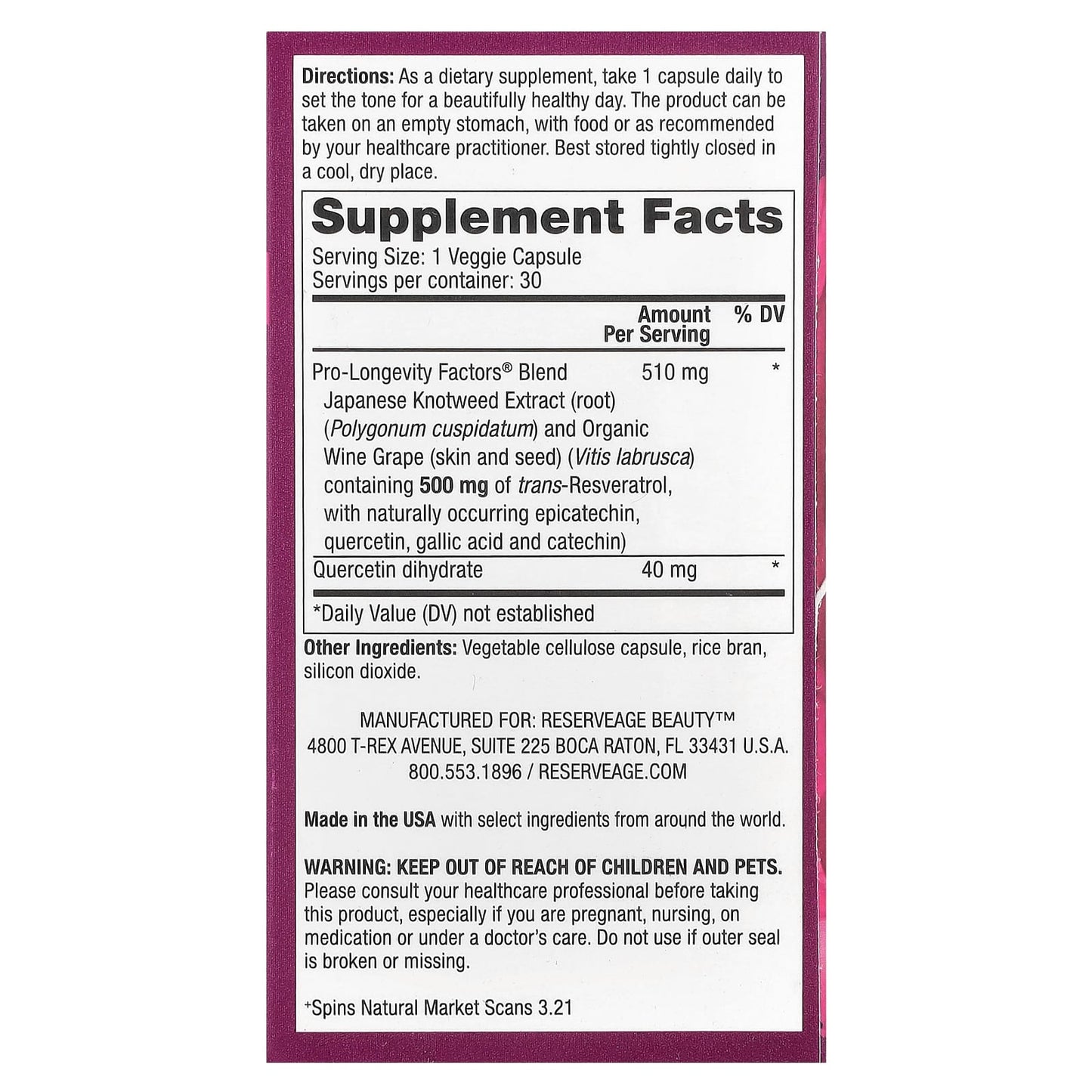 Reserveage Beauty, Resveratrol, Trans-Resveratrol, 500 mg, 30 Veggie Capsules