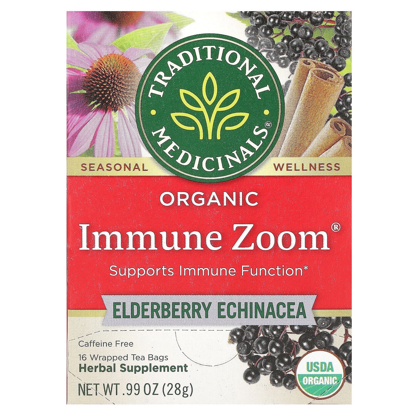Traditional Medicinals, Organic Immune Zoom, Elderberry Echinacea, Caffeine Free, 16 Wrapped Tea Bags, 0.99 oz (28 g) - Image 1