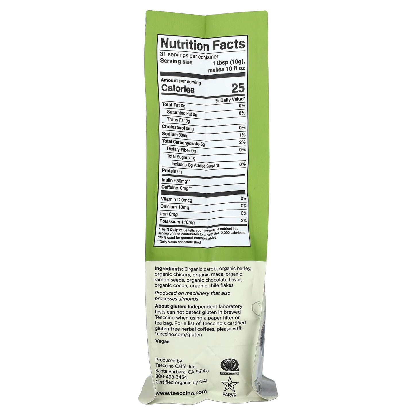 Teeccino, Organic Chicory Herbal Coffee, Maca Chocolate, Dark Roast, Caffeine Free, 11 oz (312 g) - Image 2
