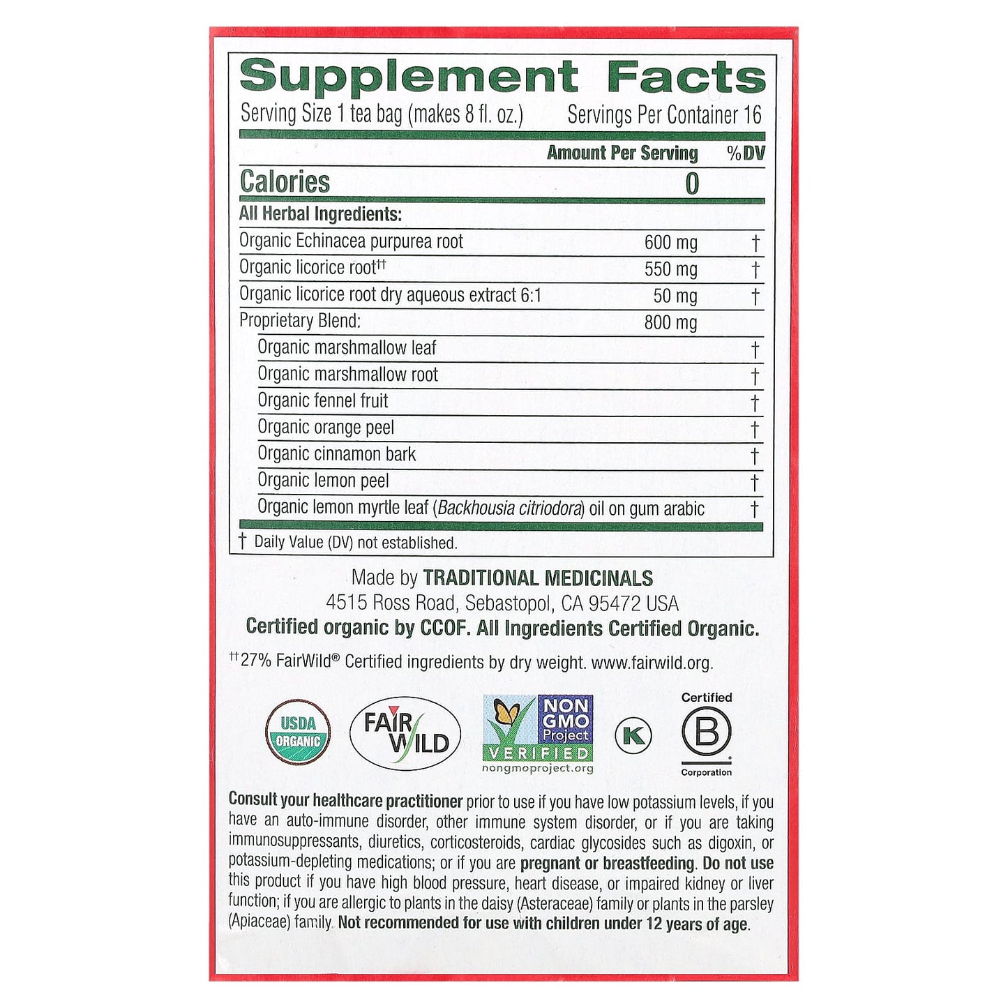Traditional Medicinals, Organic Throat Coat, Lemon Echinacea, Caffeine Free, 16 Wrapped Tea Bags, 1.13 oz (32 g) - Image 2