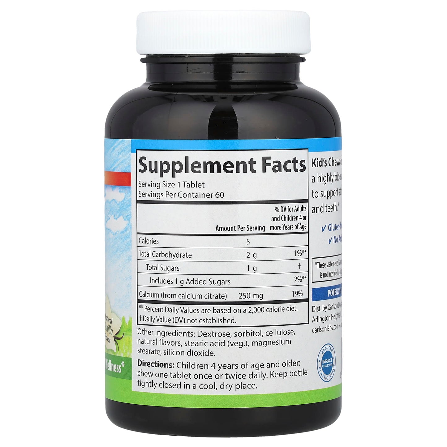 Carlson Kid's Chewable Calcium Natural Vanilla 250mg 60 Tablets - Image 2